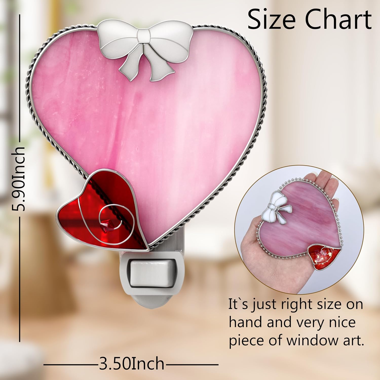 KY&BOSAM Stained Glass Heart Night Lights Plug into Wall 1-Pack 7W Dusk to Dawn 3000K Warm Pink Bright Nightlight with Switch On/Off for…