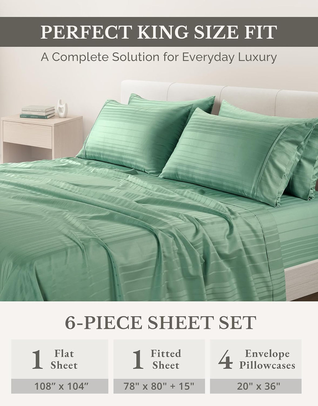 Casa Platino 100% Cotton Sheets King Size Set - 6 Pcs (1 Flat, 1 Fitted, 4 Pillowcases) - Striped 500 TC - Ultra Smooth Sateen Weave Bed…