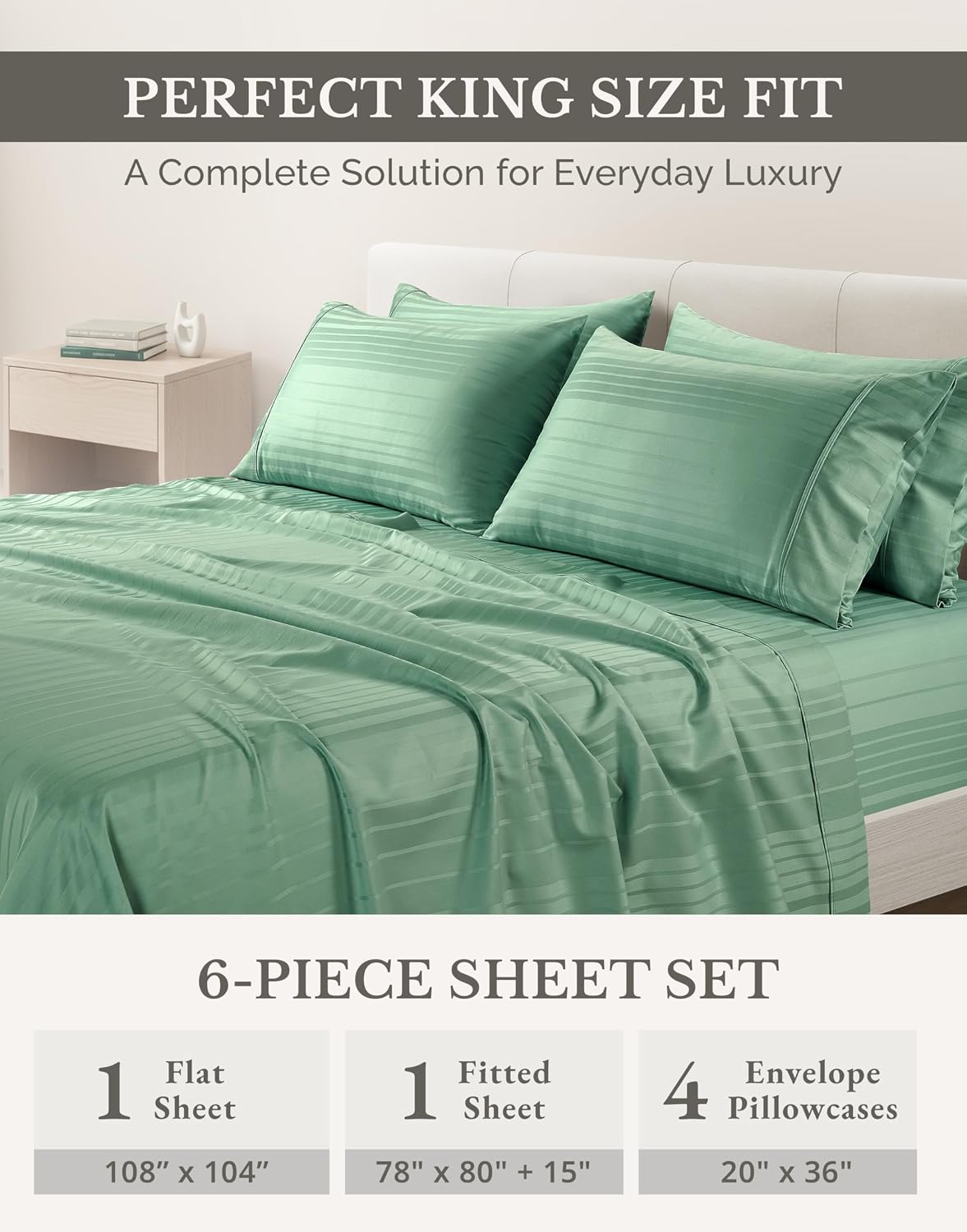 Casa Platino 100% Cotton Sheets King Size Set - 6 Pcs (1 Flat, 1 Fitted, 4 Pillowcases) - Striped 500 TC - Ultra Smooth Sateen Weave Bed…