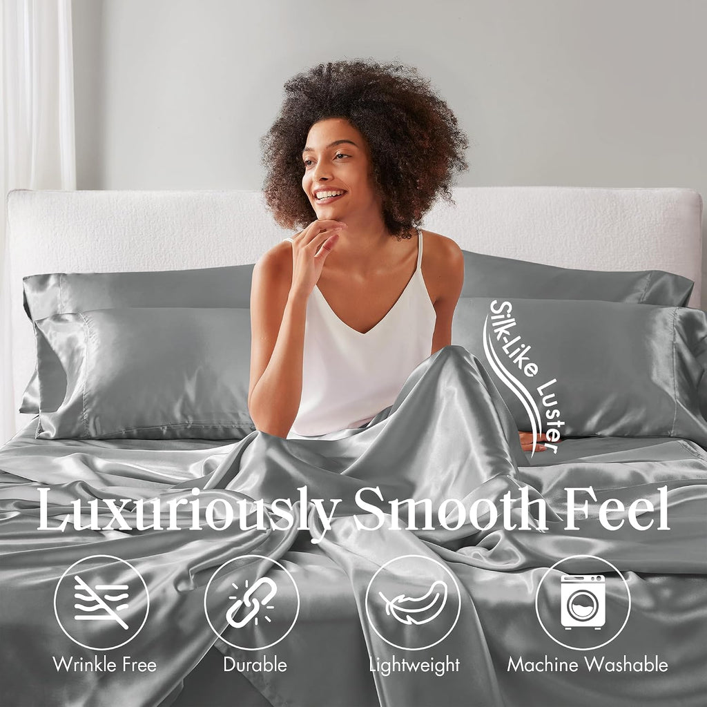 Madisonpark Madison Park Satin Sheets Split King Size, Luxurious Silky Bed Sheets, Elastic 14" Pocket fits up to 16" Mattress, Wrinkle-Free…