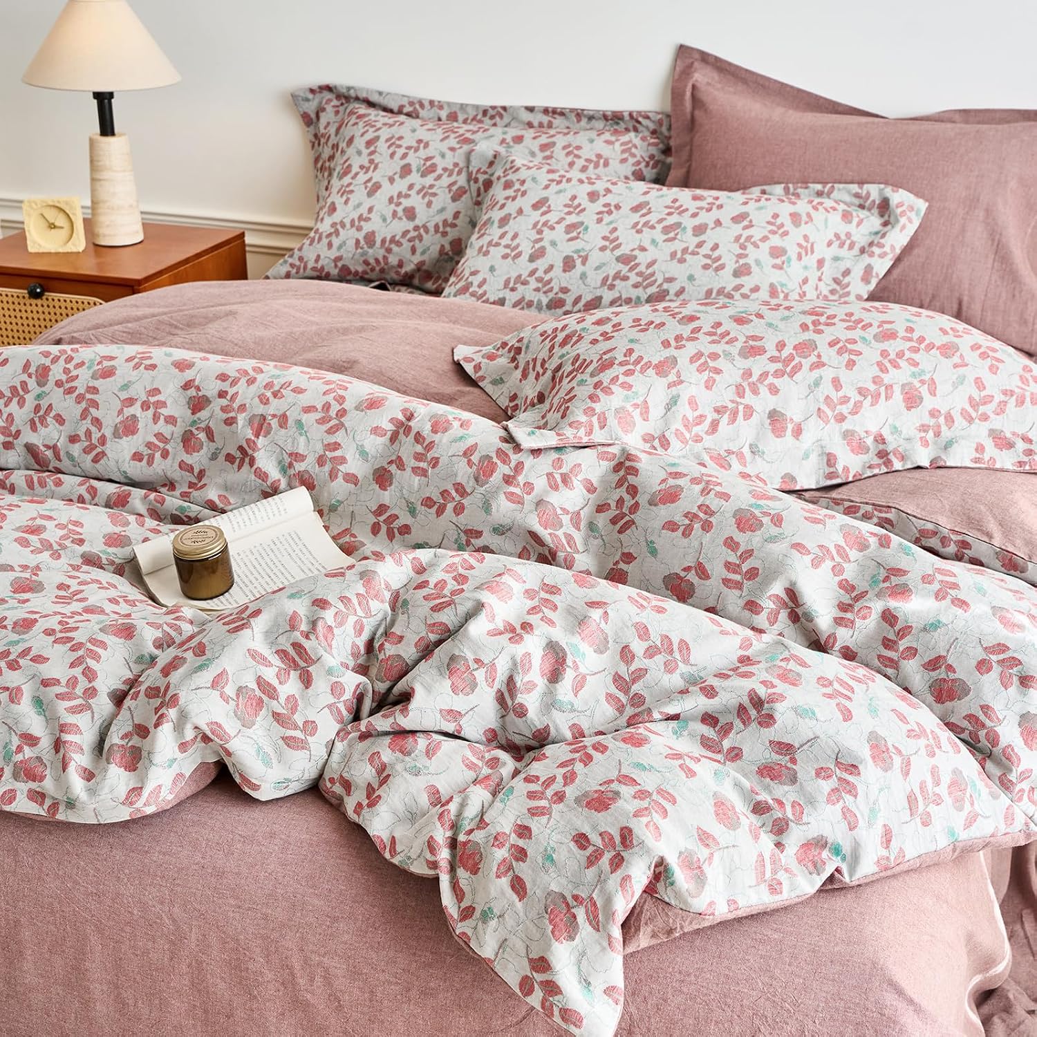 mixinni 100% Washed Cotton Duvet Cover Set, Reversible Vintage Floral Jacquard Textured Comforter Cover, Boho Farmhouse Bedding Set with Zi…