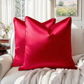 Homeideas Red Decorative Throw Pillow Covers 18x18 Set of 2, Glossy Faux Silk Pillow Covers for Couch Sofa Bed Decor Luxury Summer Euro Cus…