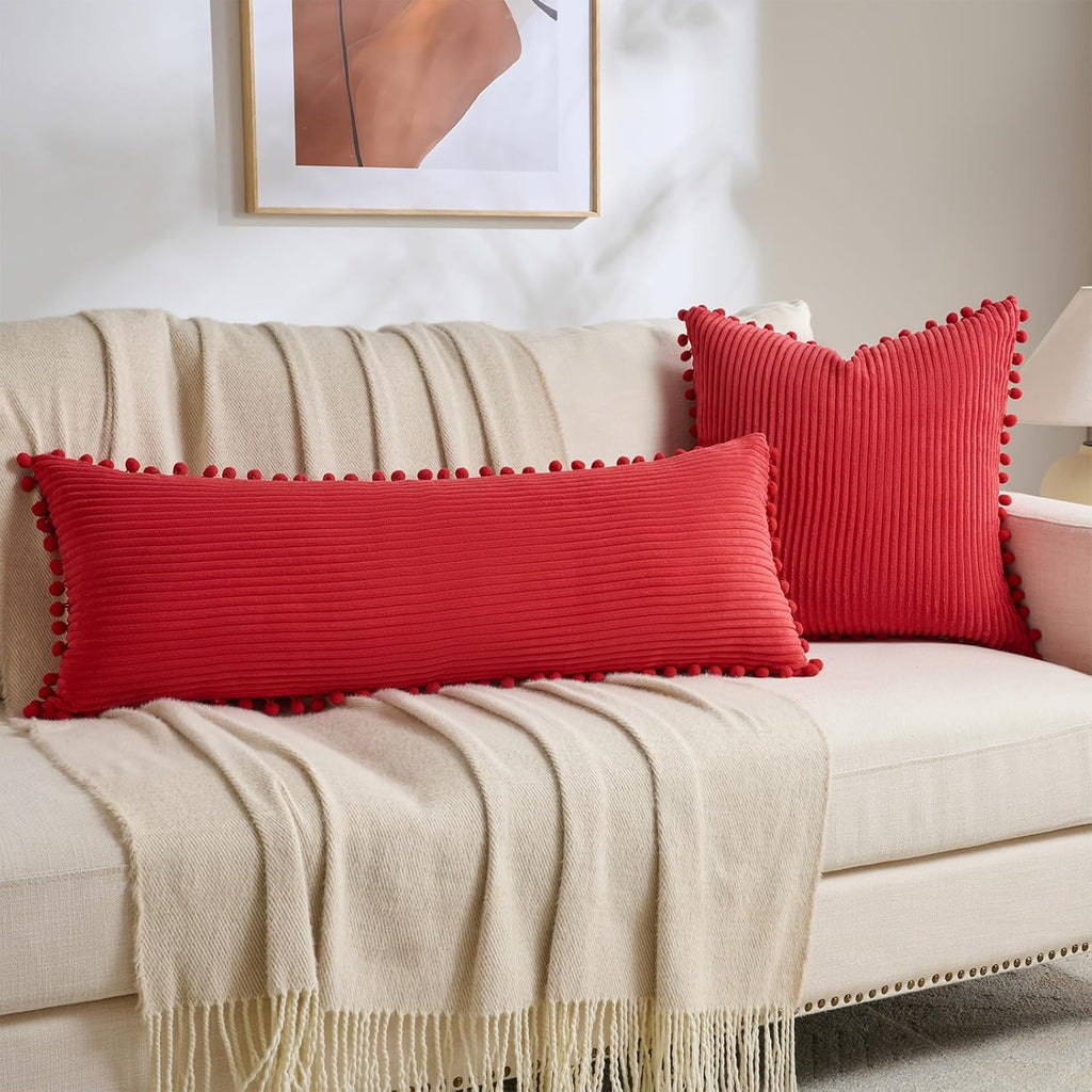 Fancy Homi 1 Pack Red Long Lumbar Body Decorative Throw Pillow Covers 20x54 Inch with Pom-poms for Couch Sofa Bed, Farmhouse Boho Rustic…