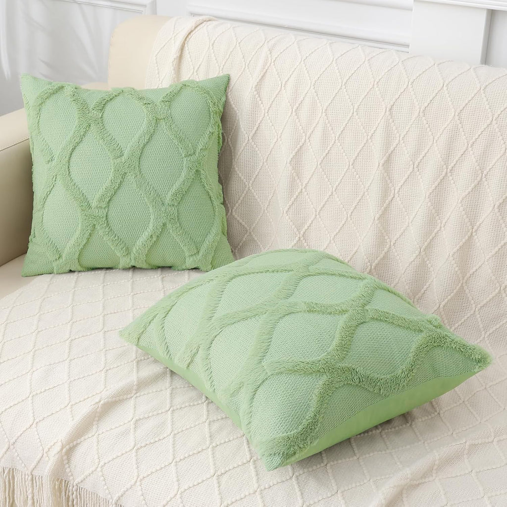 decorUhome Summer Euro Sham Throw Pillow Covers 26x26 Inch Set of 2, Soft Plush Faux Fur Wool Sage Green Accent Couch Pillow Covers for Mod…