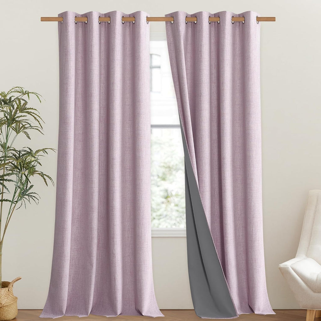 NICETOWN Pink Vintage Linen 100% Blackout Curtains for Living Room, Thermal Insulated Curtains 95" Long, Noise Reducing Window Treatment…