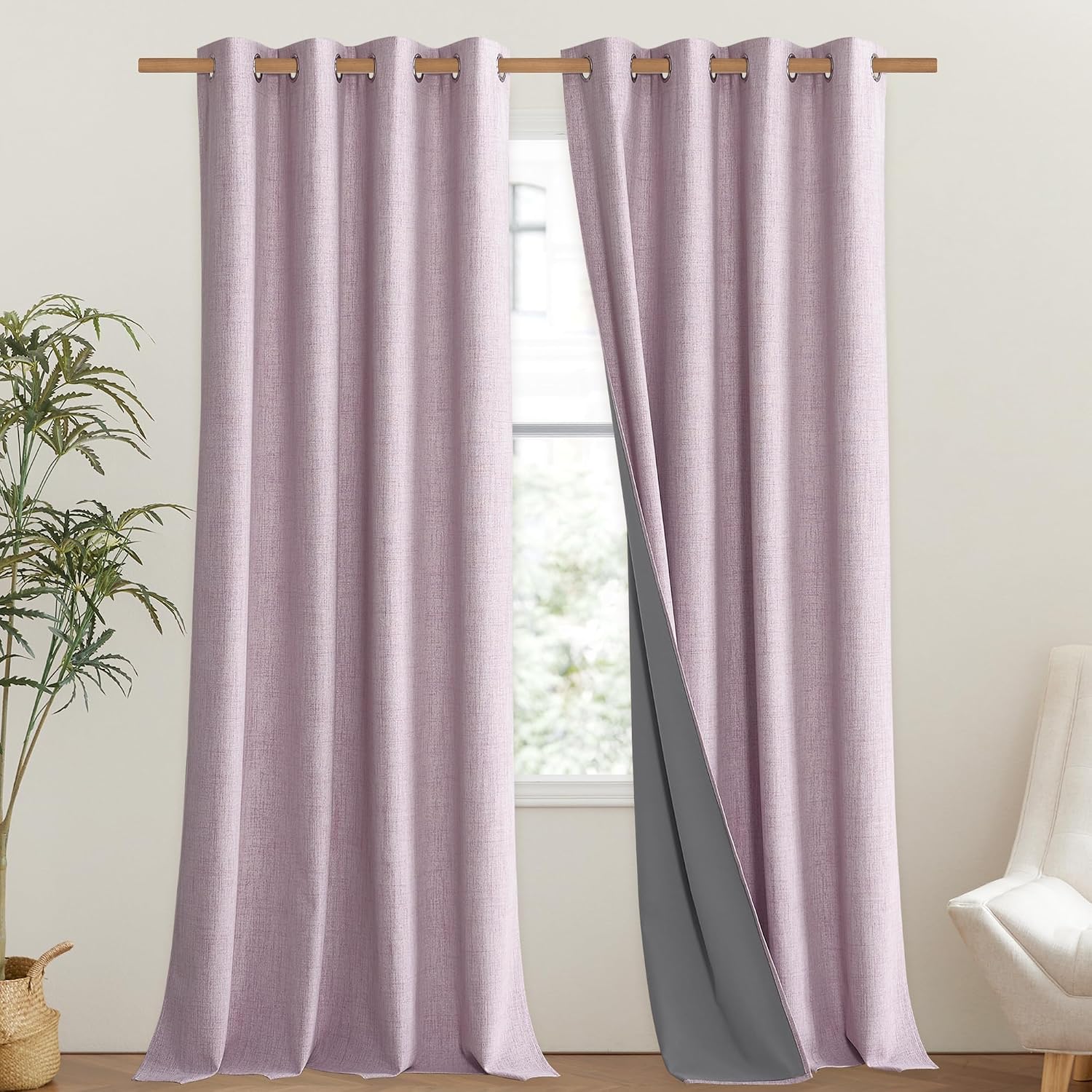 NICETOWN Pink Vintage Linen 100% Blackout Curtains for Living Room, Thermal Insulated Curtains 120" Long, Noise Reducing Window Treatment…