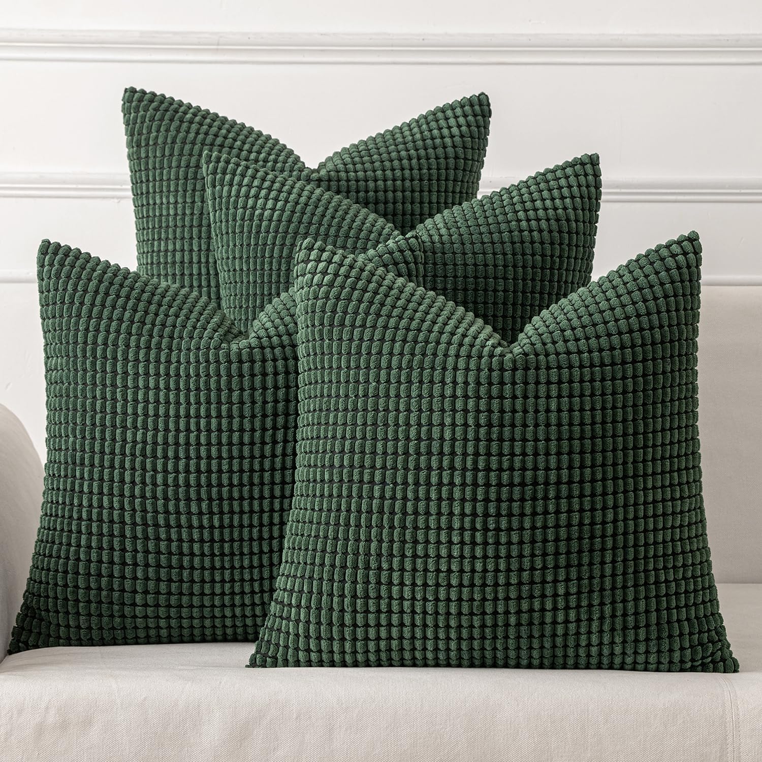 Miulee Boho Farmhouse Throw Pillow Covers 18x18 Inch Set of 4 Soft Neutral Covers Christmas Dark Green Corduroy Couch Pillowcases Home Deco…