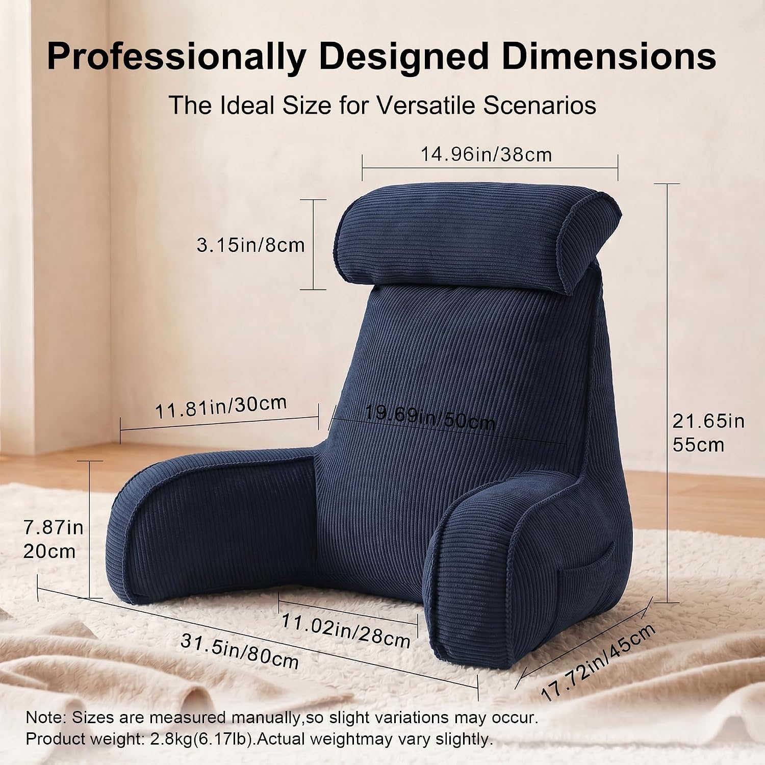 Ailuteie Bed Rest Reading Pillow with Arms & Detachable Headrest, Corduroy Backrest Cushion with Side Pockets & Washable Cover, Support Pil…