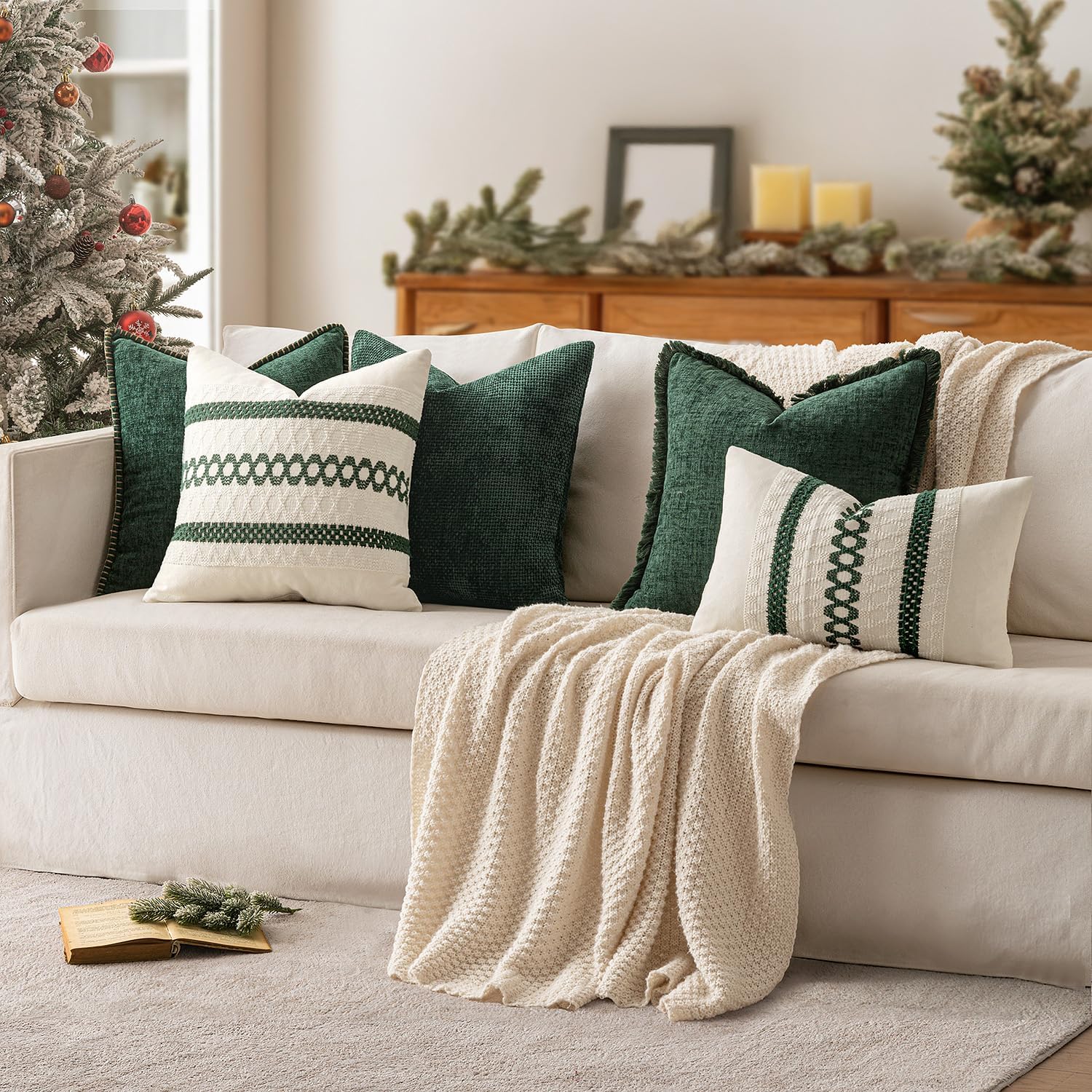 MIULEE Set of 2 Dark Green Boho Christmas Decorative Lumbar Pillow Covers 12x20 Inch Farmhouse Rustic Couch Throw Pillows Modern Cotton…