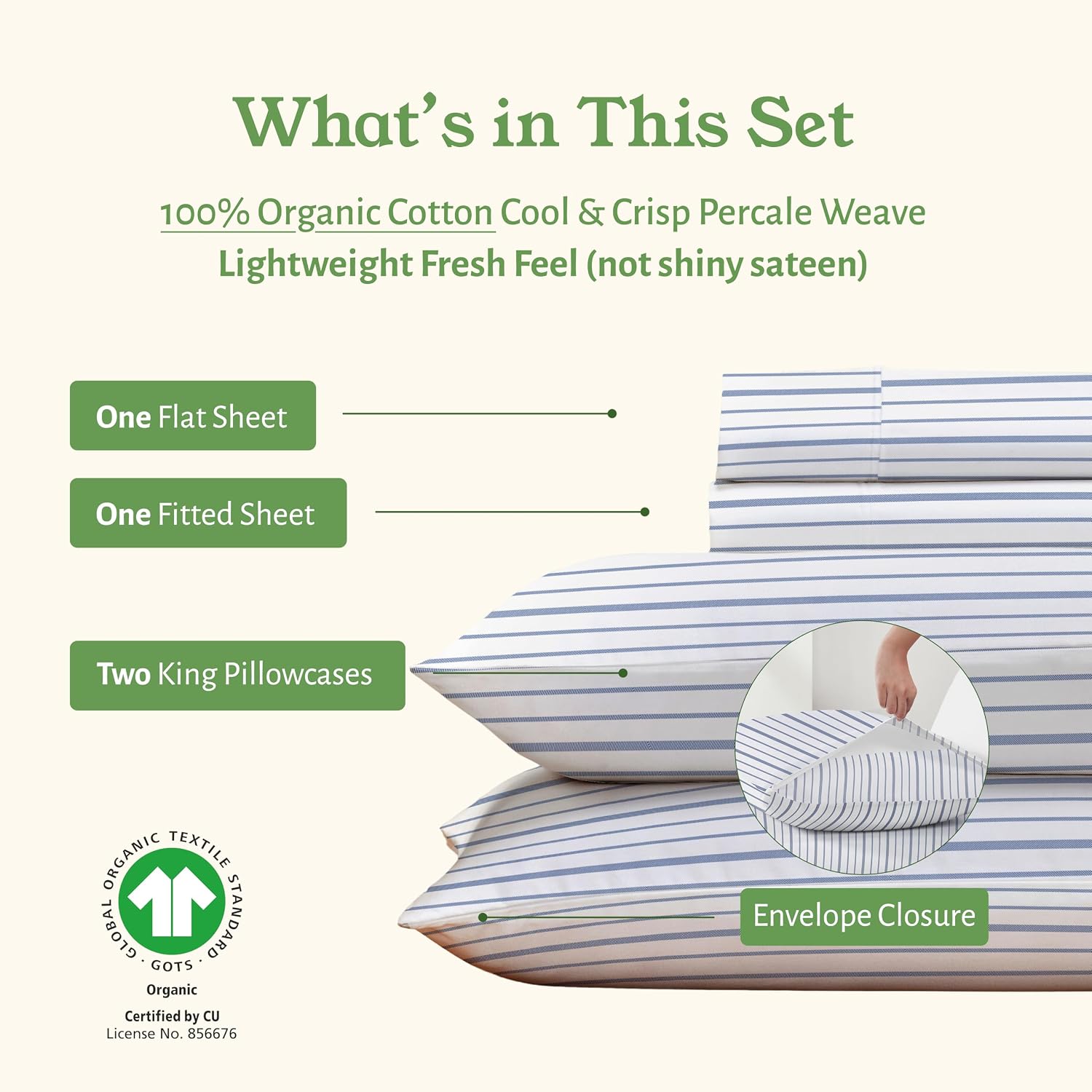CaliforniaDesignDen California Design Den King Bed Sheets Stripe, 100% Organic Cotton Percale Sheets, Deep Pocket King Sheets & Pillowcase…
