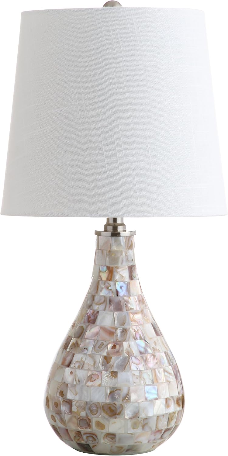 JONATHAN Y 20.5" Seashell Coastal Mini LED Table Lamp for Living Room Office, White Linen Drum Shade, Modern Mother of Pearl Bedside…