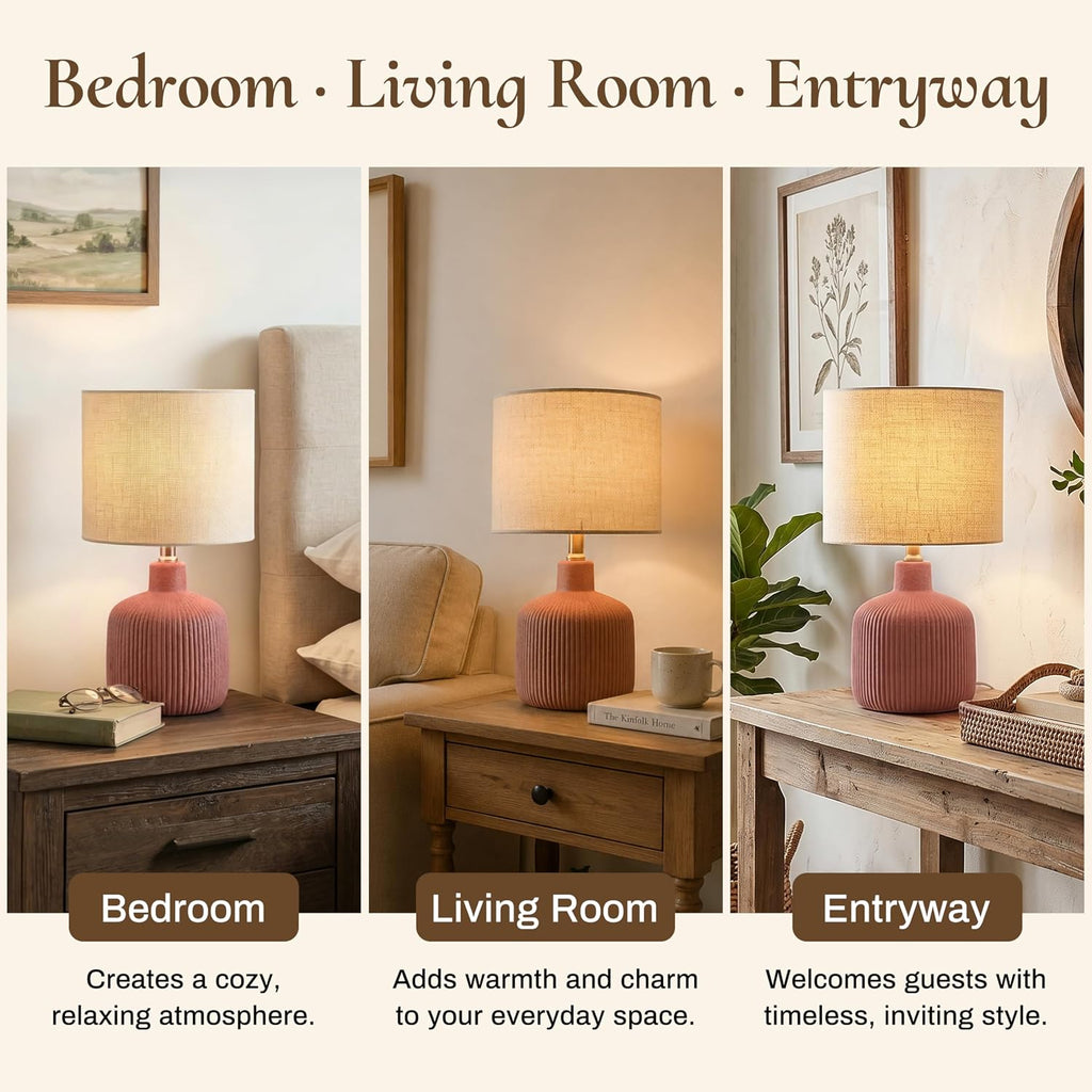 Ceramic Table Lamp, 17.75" Rustic Farmhouse Bedside Lamp with Beige Linen Shade, Warm Ambient Nightstand Lighting for Bedroom or Living…