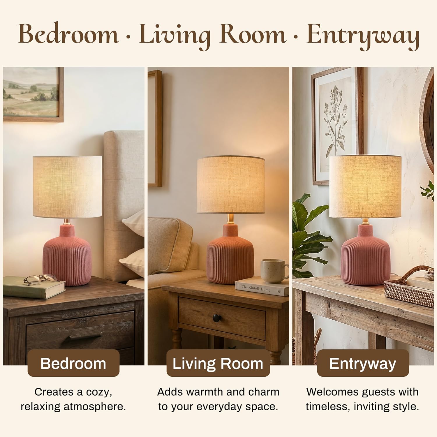 Ceramic Table Lamp, 17.75" Rustic Farmhouse Bedside Lamp with Beige Linen Shade, Warm Ambient Nightstand Lighting for Bedroom or Living…