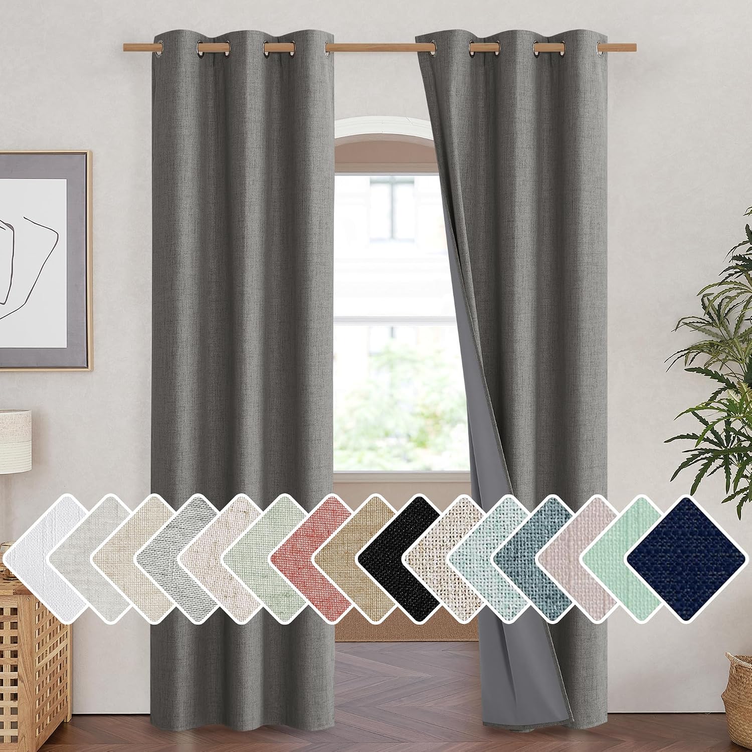 NICETOWN Grizzle Gray Vintage Linen 100% Blackout Curtains for Living Room, Thermal Insulated Curtains 90" Long, Noise Reducing Window…