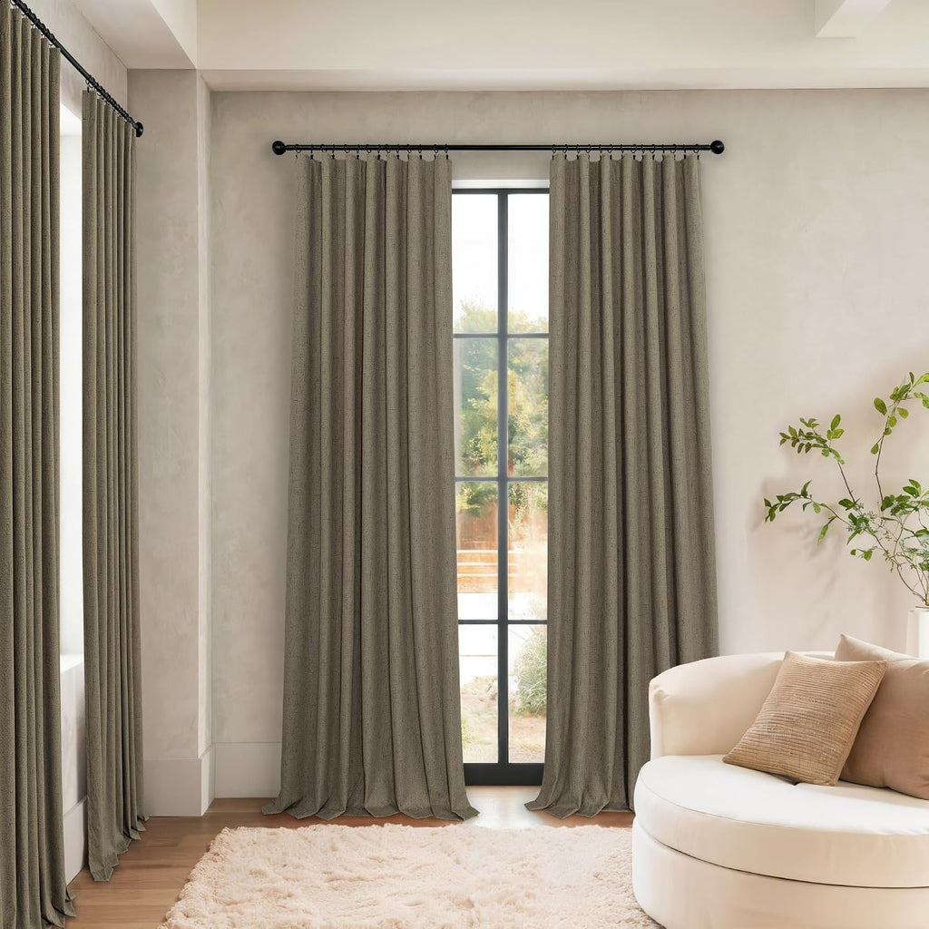 Pitalk Brown Extra Long Blackout Curtains 108 Inch Long 9ft Back Tab Pocket Light Brown Linen Textured Curtain Drape for Living Room Bedroo…