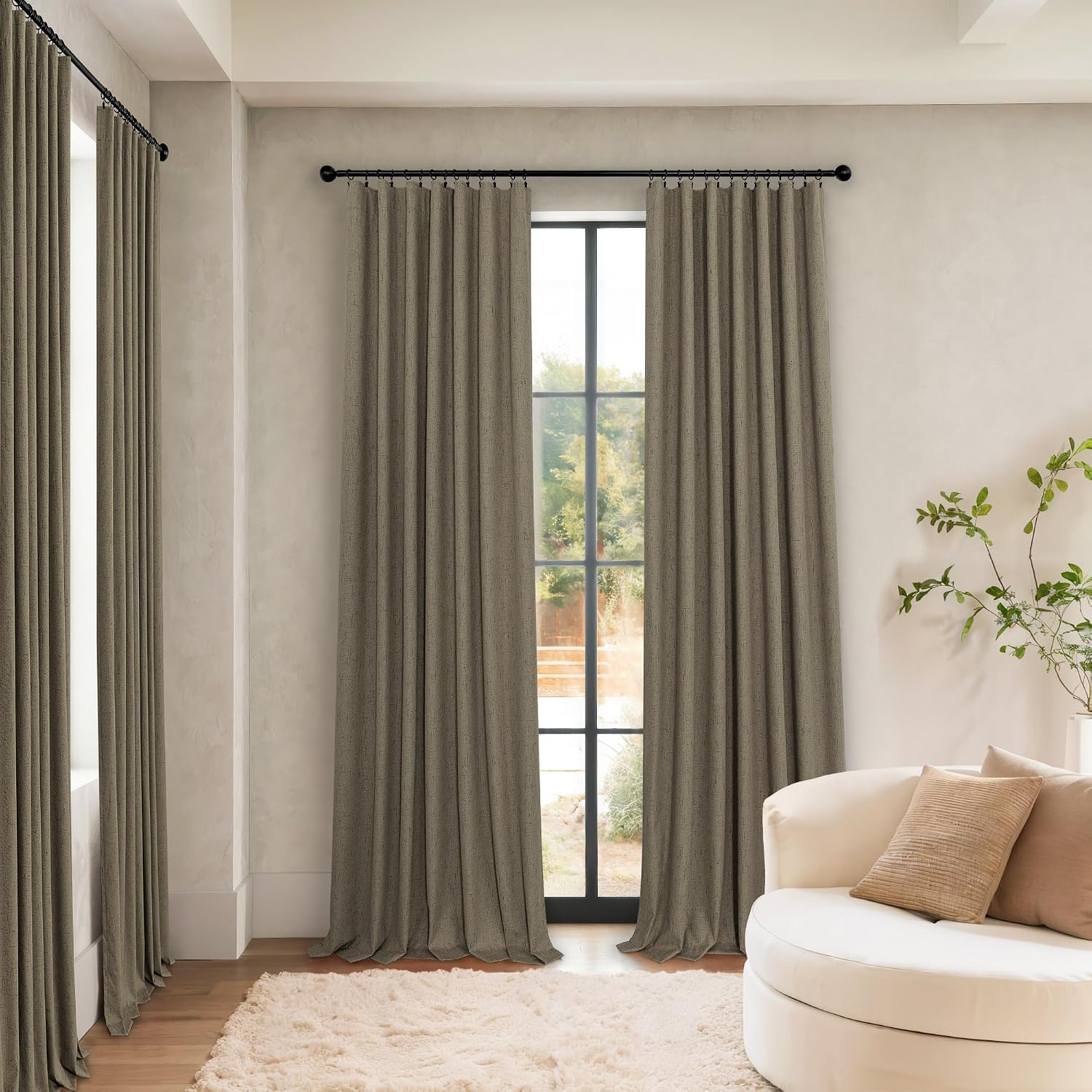 Pitalk Brown Extra Long Blackout Curtains 108 Inch Long 9ft Back Tab Pocket Light Brown Linen Textured Curtain Drape for Living Room Bedroo…