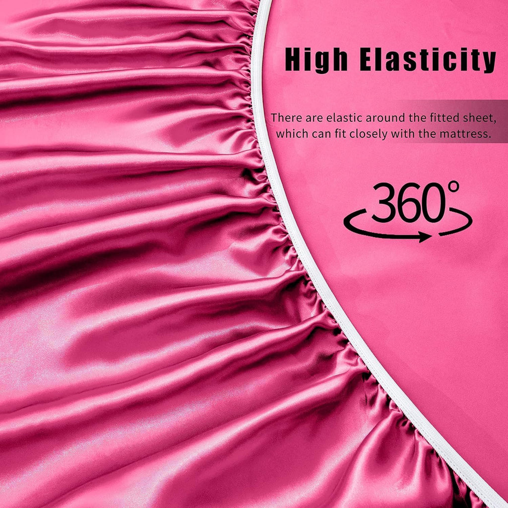 VACVELT 3pcs Hot Pink Satin Sheets Twin XL Size Bed Set, 15 Inch Deep Pocket Silky Satin Sheet Set, Soft Satin Bedding Set Cooling &…