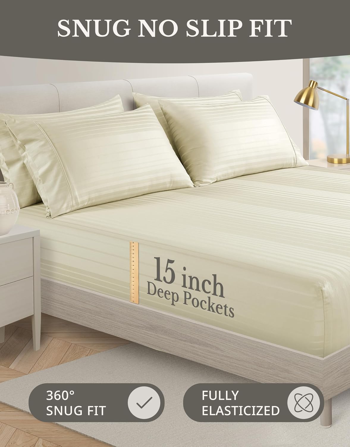 Casa Platino 100% Cotton Sheets Queen Size Set - 6 Pcs (1 Flat, 1 Fitted, 4 Pillowcases) - Striped 500 TC - Ultra Smooth, Gentle on Skin…