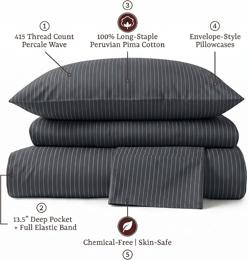 Perupima Peru Pima 415 Thread Count Percal Queen Sheet Set - 100% Peruvian Pima Cotton, 4 Piece (Flat, Fitted, 2 Pillowcases) - Cooling, Cr…