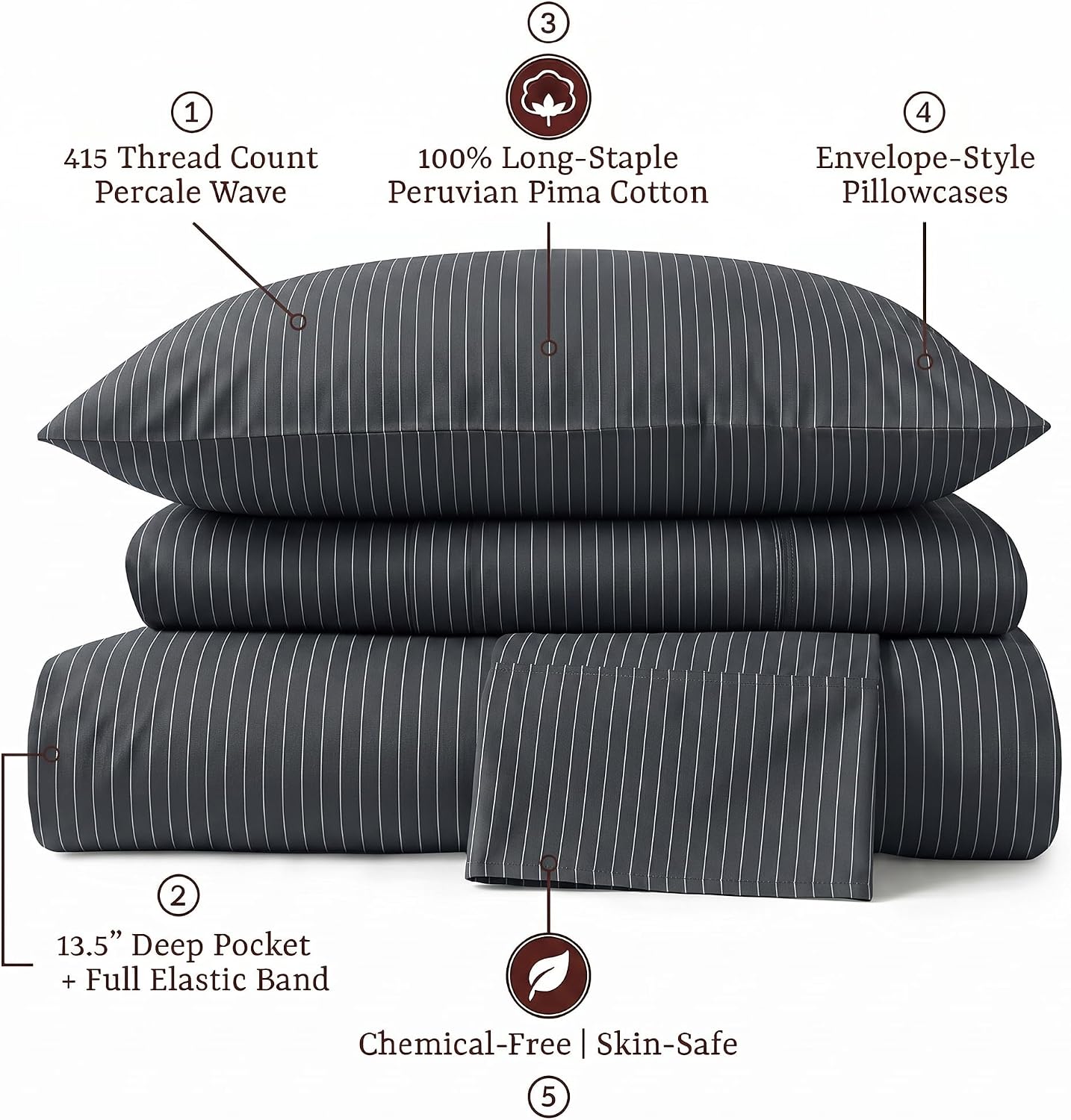Perupima Peru Pima 415 Thread Count Percal Queen Sheet Set - 100% Peruvian Pima Cotton, 4 Piece (Flat, Fitted, 2 Pillowcases) - Cooling, Cr…