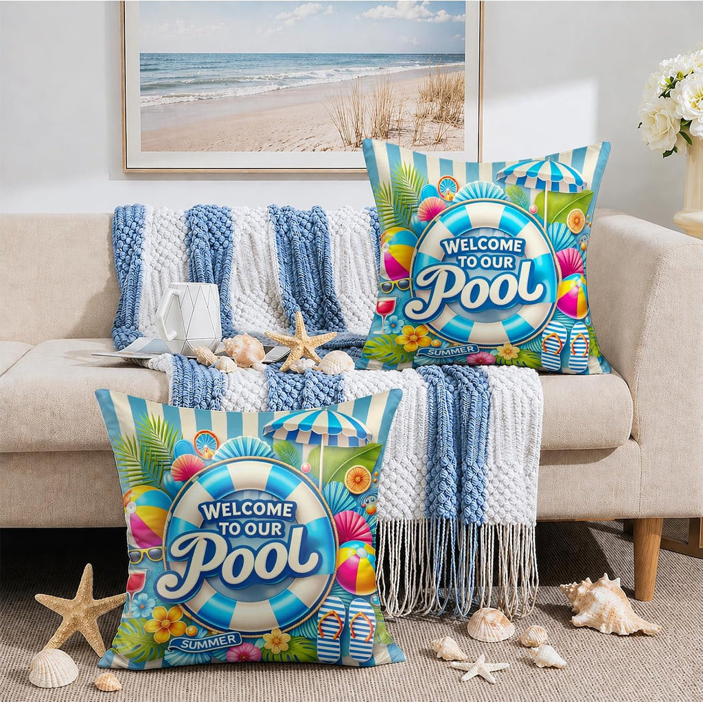 BlissYard Throw Pillow Covers 18x18 Welcome to Our Summer Pool Decorative Pillow Covers Beach Theme Cushion Covers Coastal Swimming Pool…