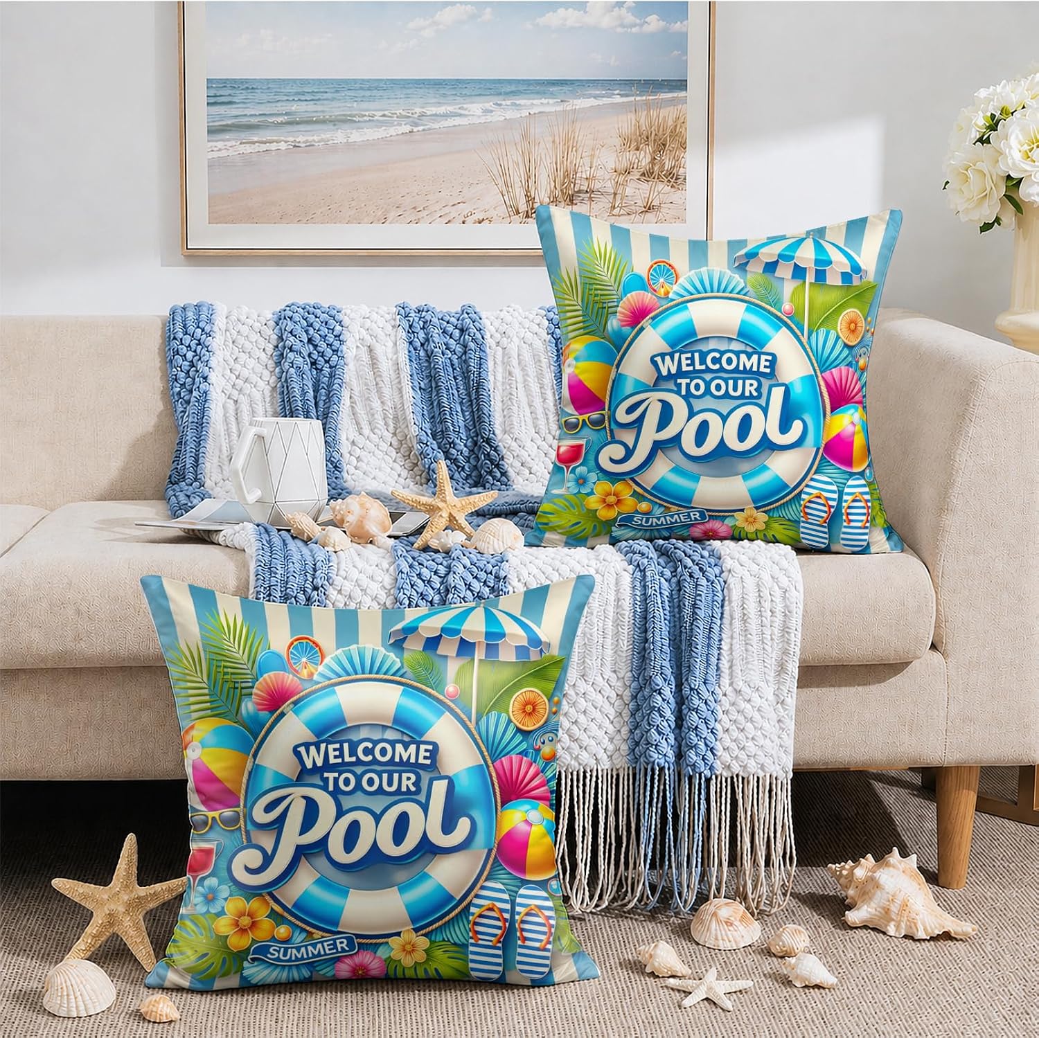 BlissYard Throw Pillow Covers 18x18 Welcome to Our Summer Pool Decorative Pillow Covers Beach Theme Cushion Covers Coastal Swimming Pool…