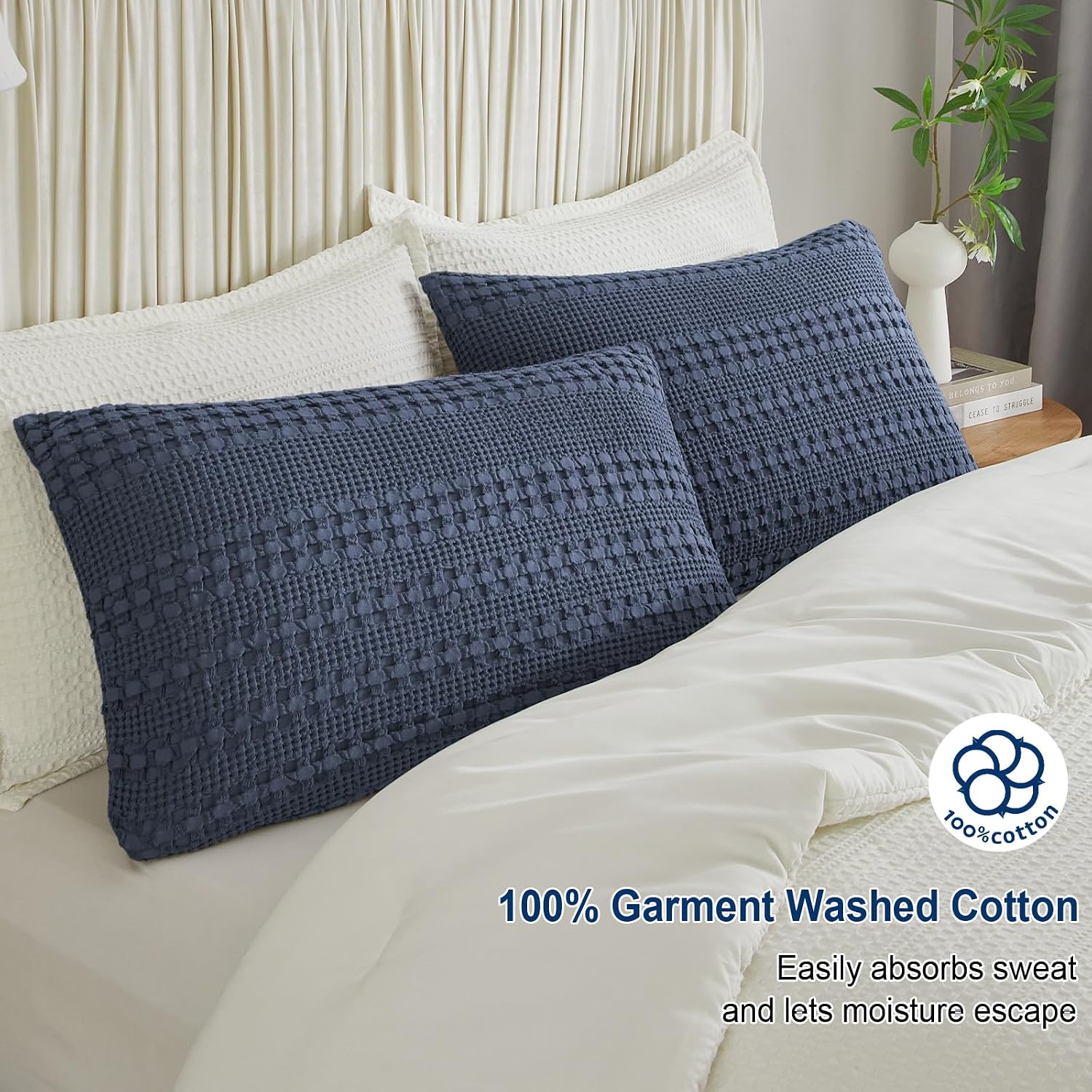 Phf 100% Cotton Waffle Pillow Shams Queen Size, 2 Pack 20" x 30" Soft Skin-Friendly Pillowcases, No Filling, Aesthetic Woven and Breathable…