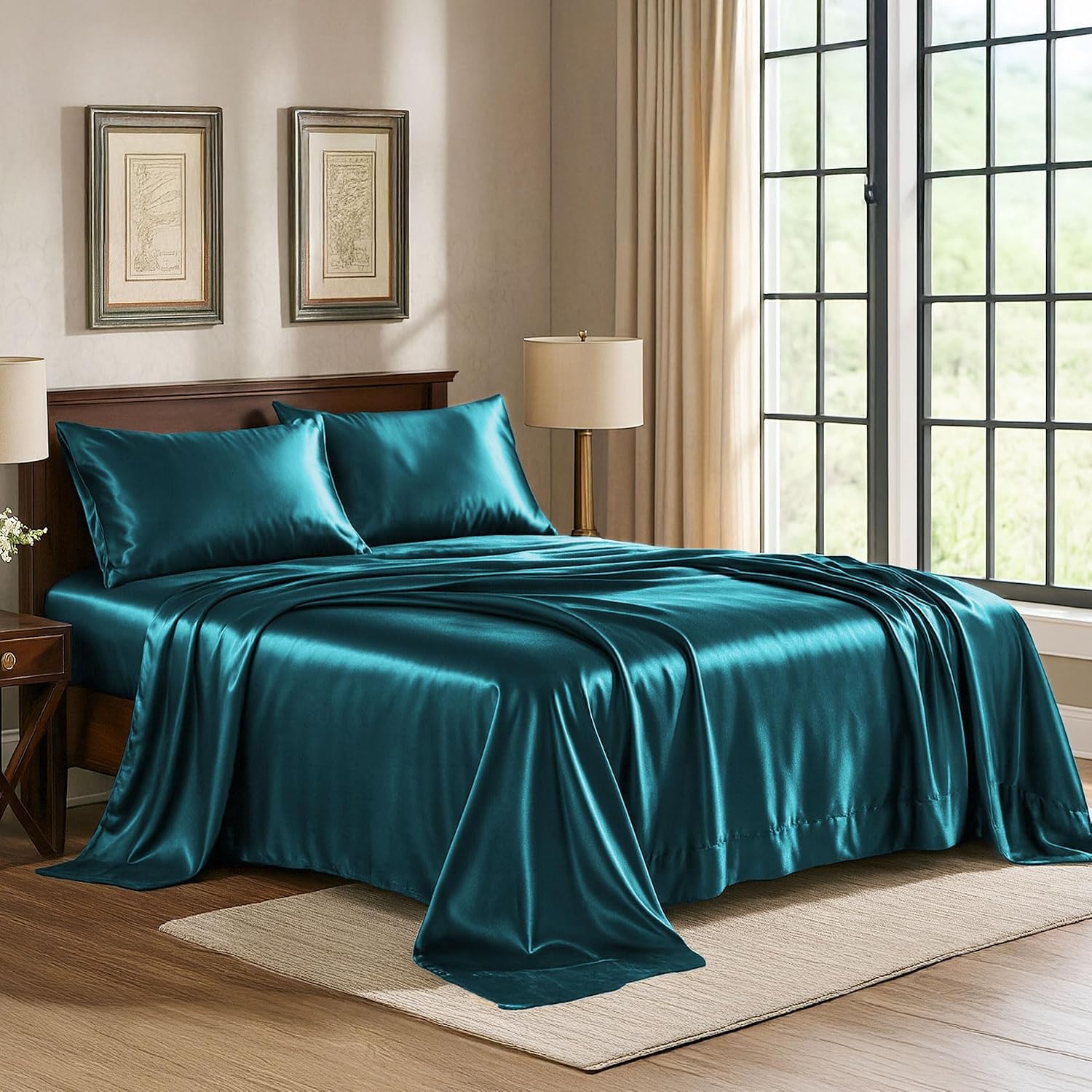 PureBedding Satin Sheets Queen [4-Piece, Teal] Hotel Luxury Silky Bed Sheets - Extra Soft 1800 Microfiber Sheet Set, Wrinkle, Fade, Stain R…