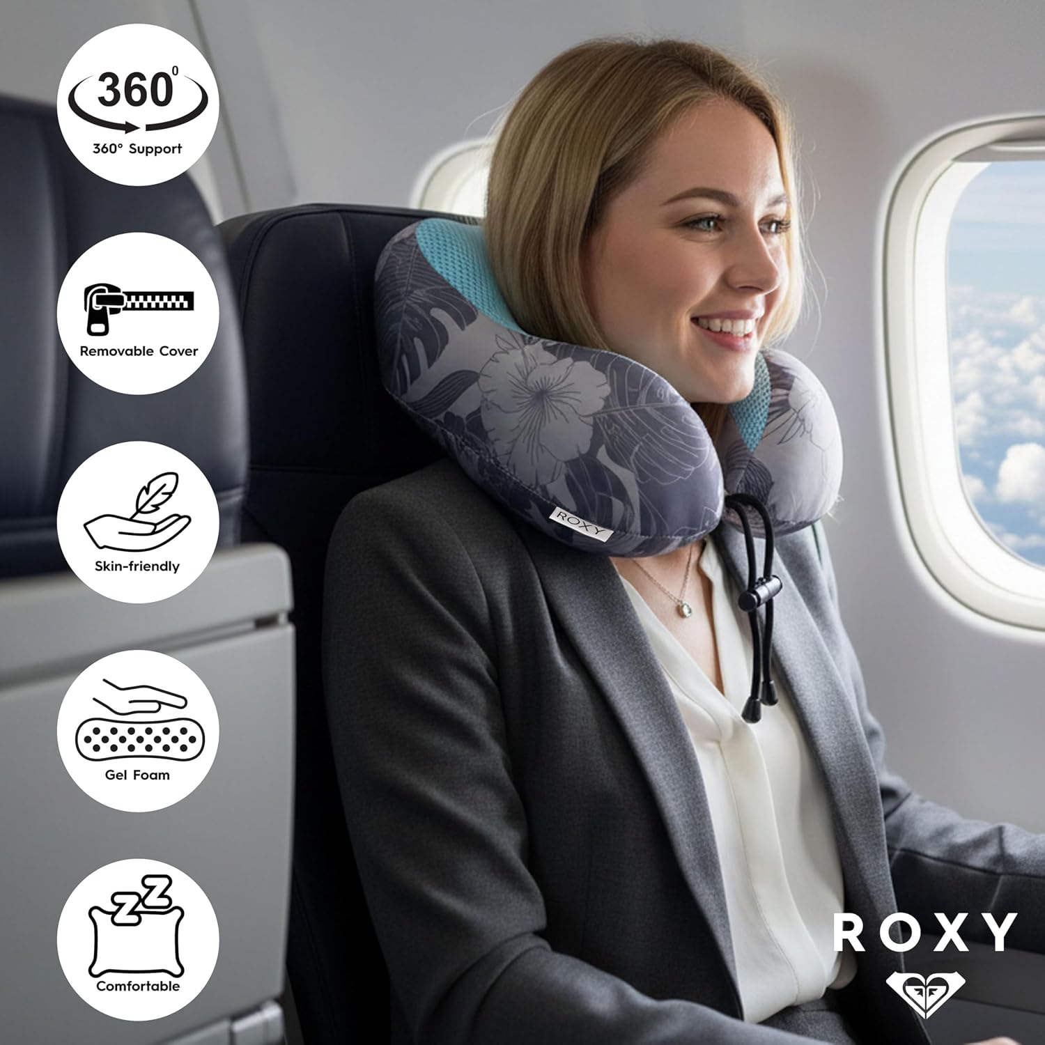Roxy Cooling Gel Neck Pillow, Memory Foam Travel Neck Pillow for Airplane, Ergonomic Neck Support Pillow for Travel, Plane, Car & Office, B…