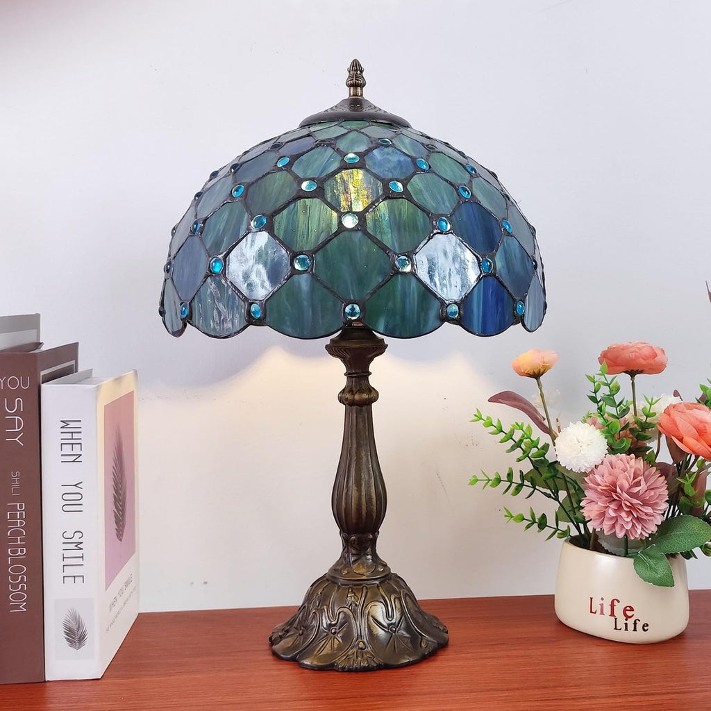 Tiffany Table Lamp Stained Glass Antique Bedside Nightstand Lamp Blue Pearl Style Small Antique Desk Light for Bedroom Living Room Home…