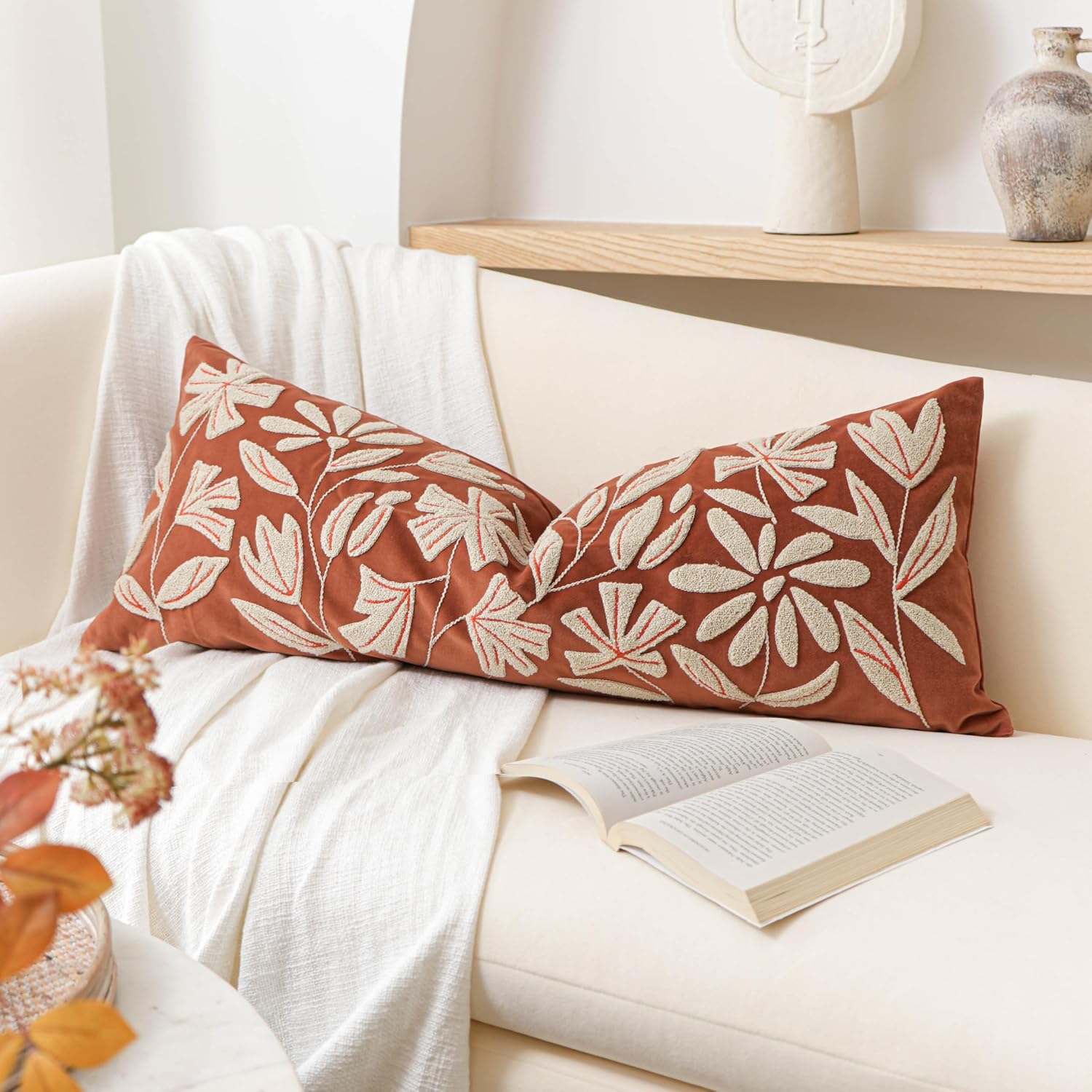 BlissBlush 14x36 Lumbar Pillow Cover for Bed, Brick Red Rectangular Long Throw Pillowcase, Embroidered Velvet Floral Tufted Farmhouse…