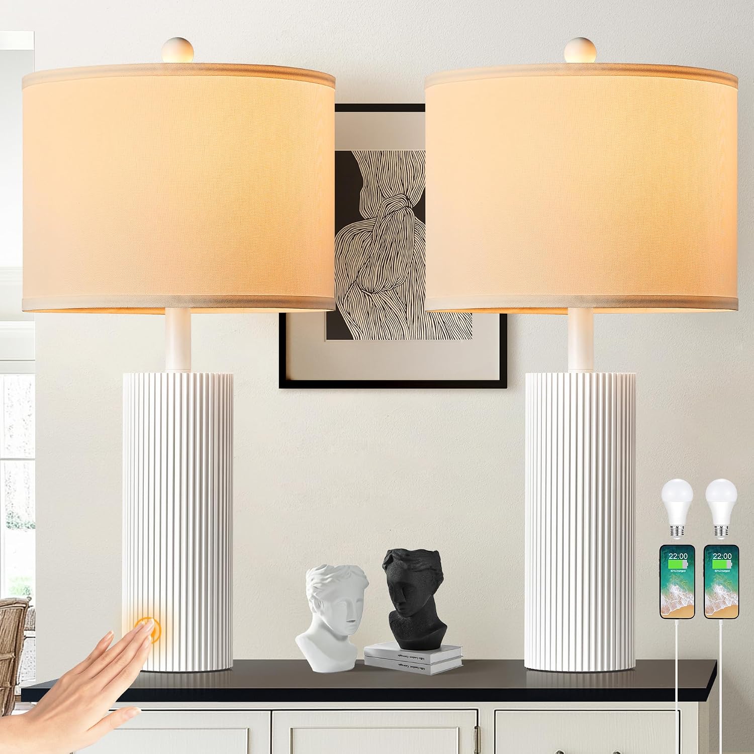 24.5" White Lamps Set of 2, Modern Table Lamps for Living Room with USB C+A Ports, Creative Stripe Touch Lamps for Nightstand, 2 Bulbs…