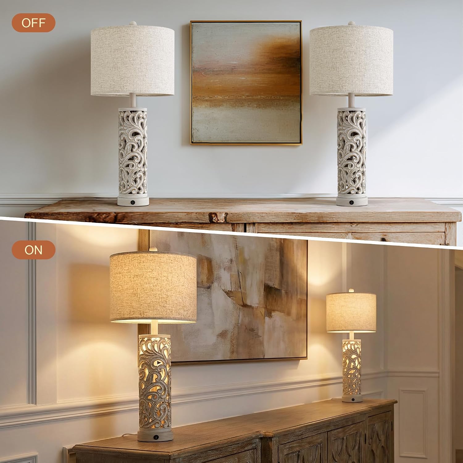 OYEARS 2-in-1 Light Table Lamp Set of 2 for Living Room, 28.5" Farmhouse Bedside Lamps with USB Charging Port, Main&Night Light & Dual…