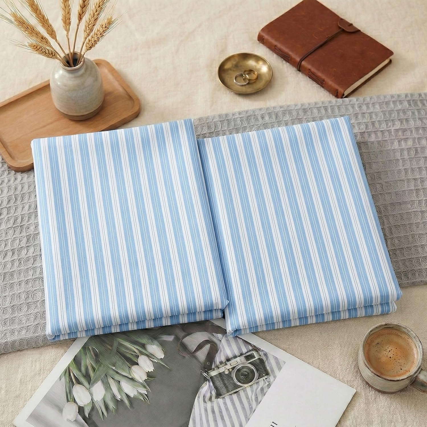 Merryword Blue and White Striped Pillowcases, 100% Cotton Pillow Cases, King Size Pillowcases, Soft Breathable Ribbon Stripe Pillow Covers,…