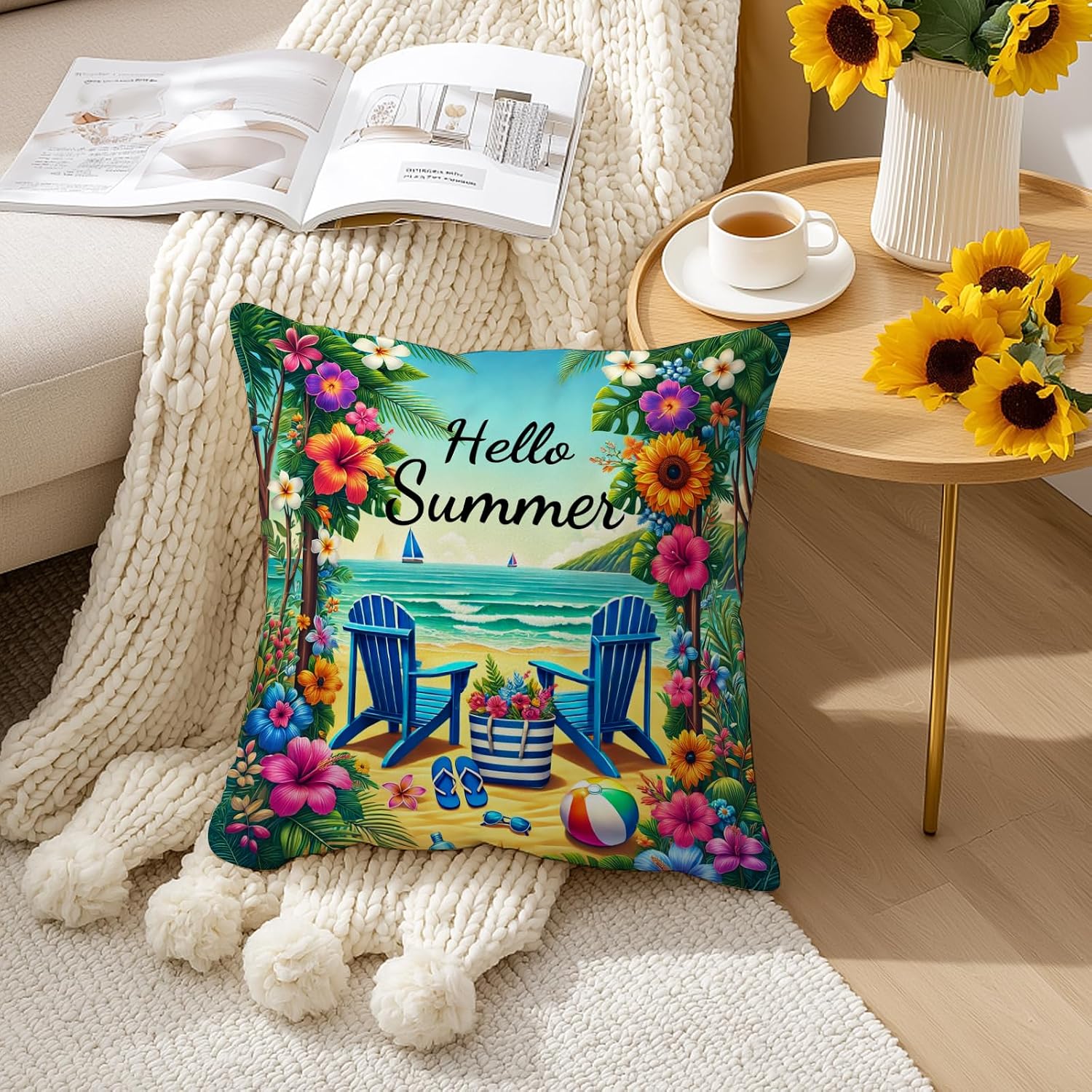 BlissYard Hello Summer Beach Throw Pillow Covers 18x18 Coastal Decorative Pillow Covers Tropical Floral Summer Cushion Covers Seaside…