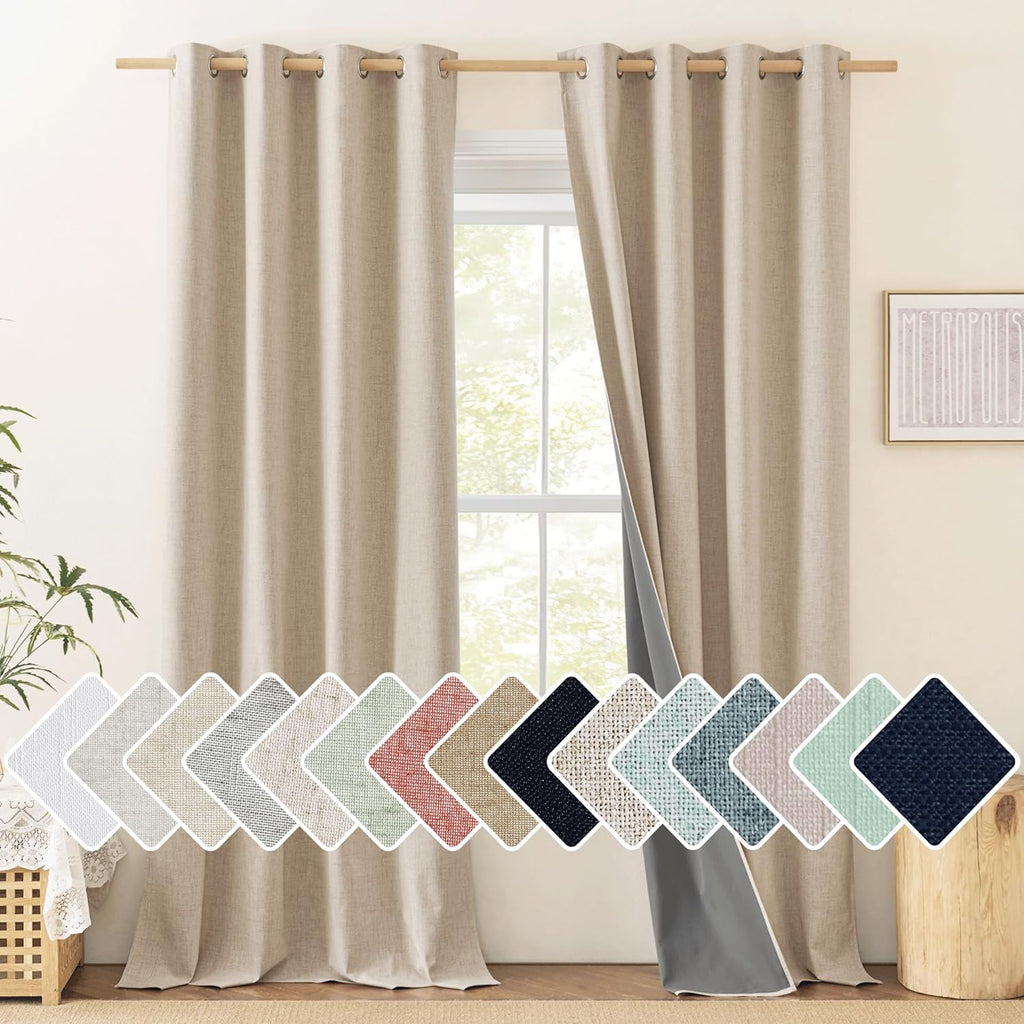 NICETOWN Oatmeal Linen 100% Blackout Curtains 120 inches Length 2 Panels Set with Thermal Insulated Liners, 52" Width, Farmhouse Style…