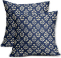 Dark Blue Floral Pillow Covers 22x22 Inch Set of 2, Vintage Flower Block Print Pattern Decorative Throw Pillowcases Outdoor Farmhouse…