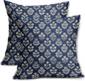 Dark Blue Floral Block Print Pillow Covers 20x20 Inch Set of 2, Vintage Flower Pattern Decorative Throw Pillowcases Outdoor Farmhouse…