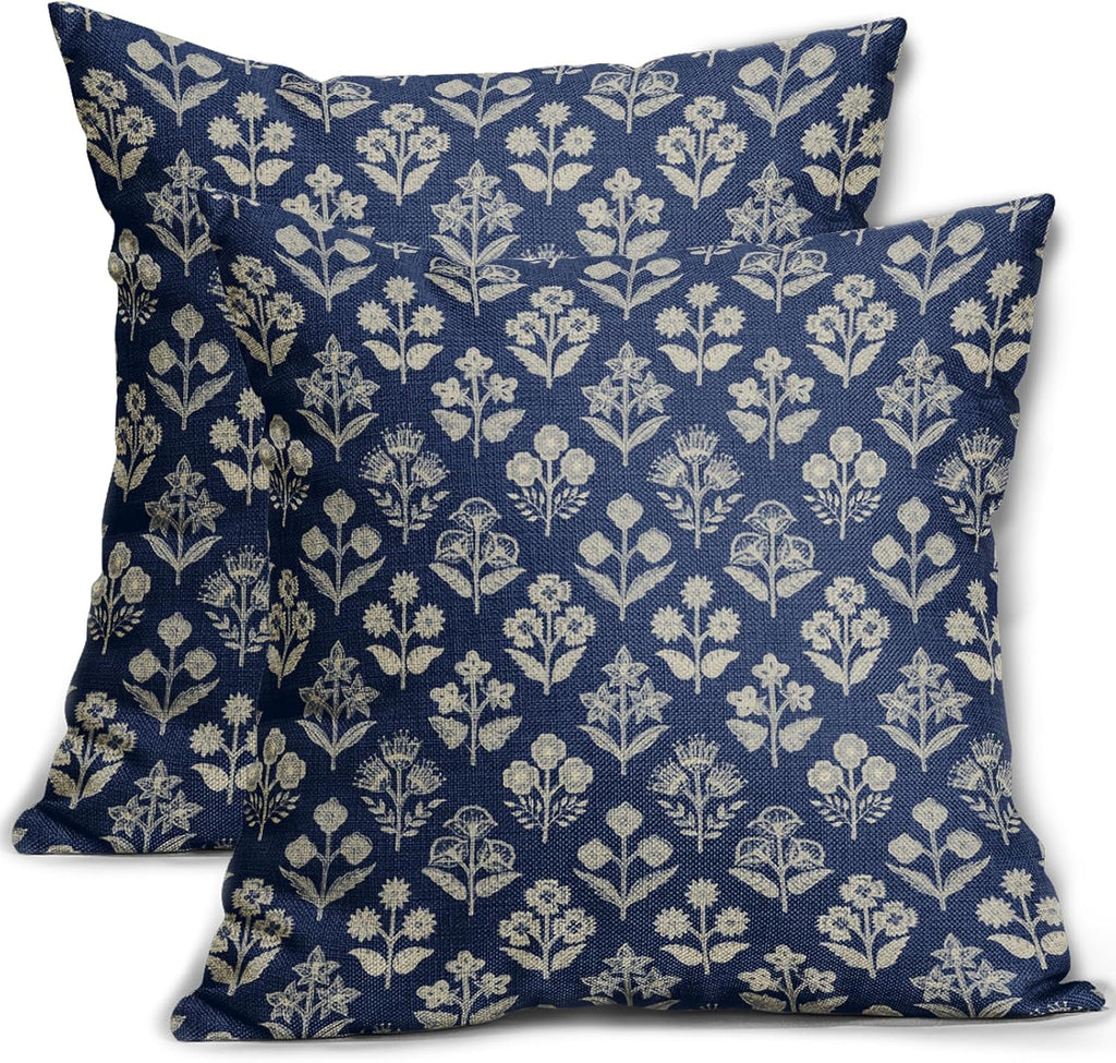 Dark Blue Floral Block Print Pillow Covers 18x18 Inch Set of 2, Vintage Flower Pattern Decorative Throw Pillowcases Outdoor Farmhouse…