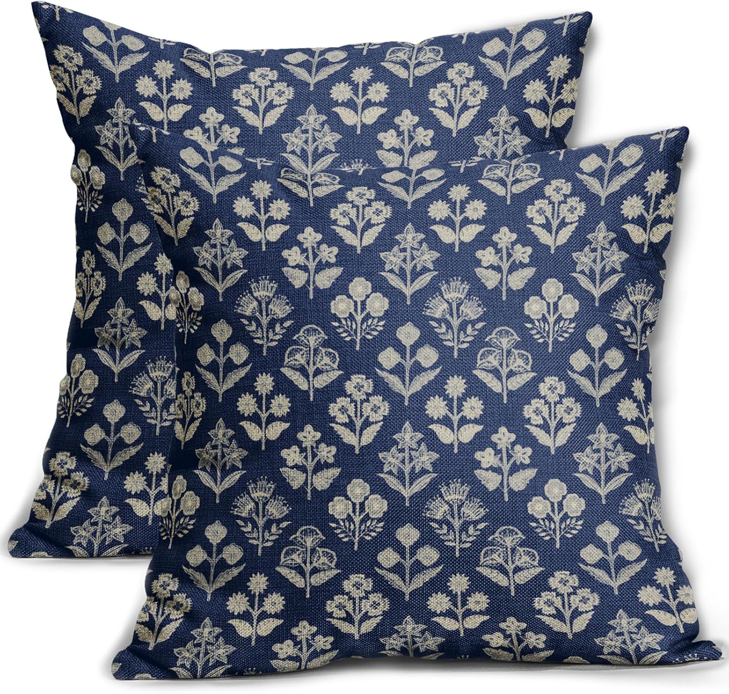 Dark Blue Floral Block Print Pillow Covers 18x18 Inch Set of 2, Vintage Flower Pattern Decorative Throw Pillowcases Outdoor Farmhouse…