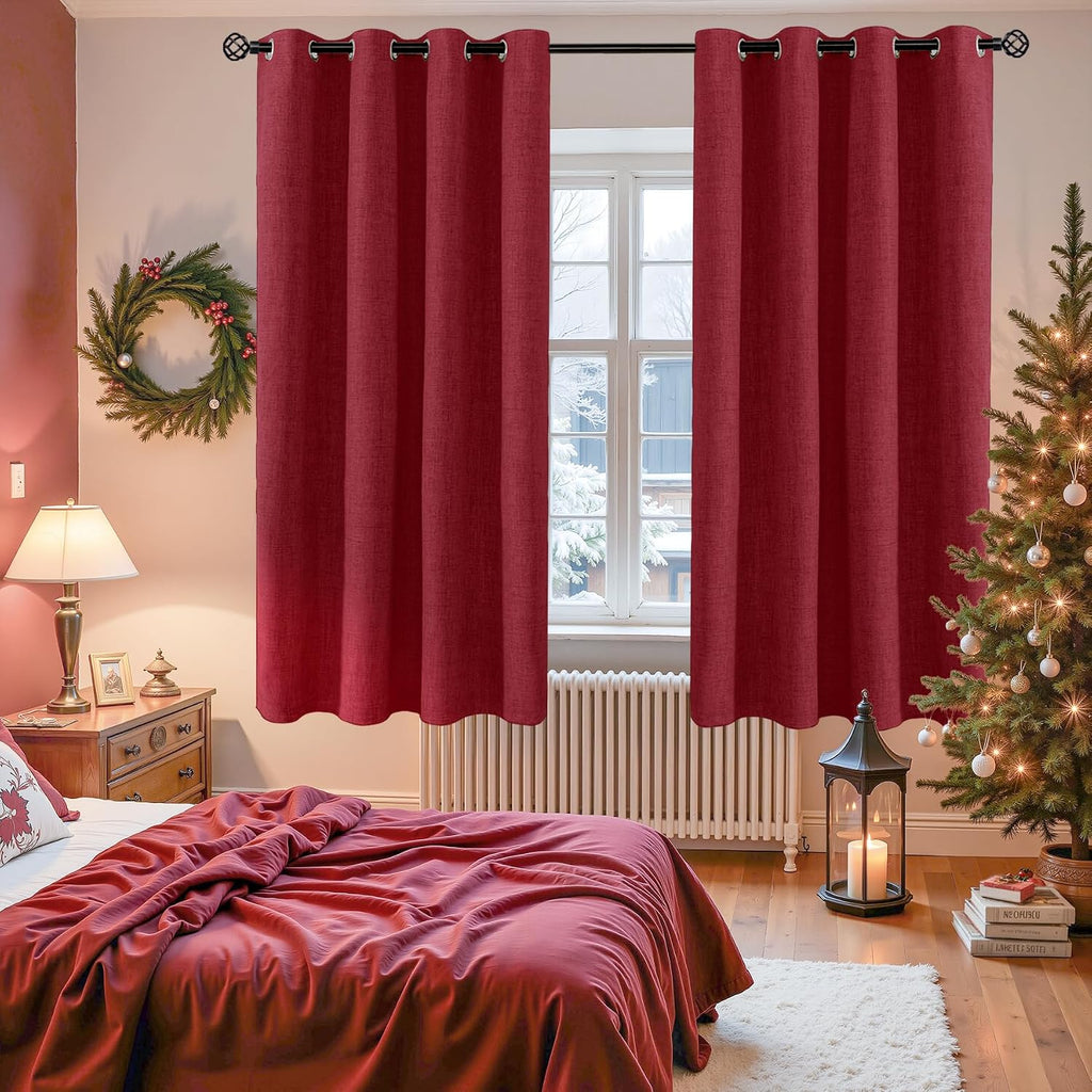 YoungsTex Burgundy Linen Blackout Curtains for Bedroom 63 Inch Length, Thermal Insulated Drapes with Grommet for Winter Living Room Window,…