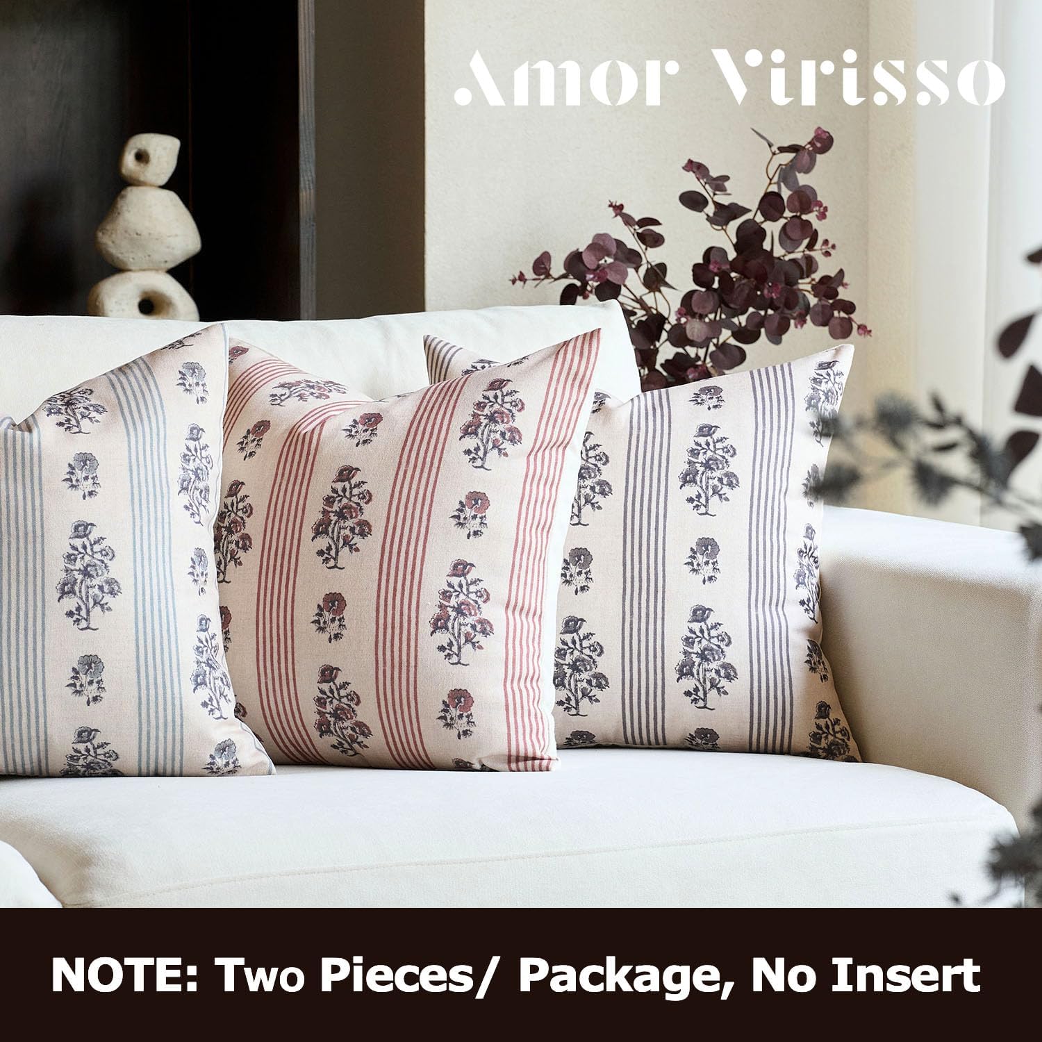 AffordableFloralPrintMaker Amor Virisso Floral Throw Pillow Covers 18x18 Set of 2 Block Print Pillow Covers Neutral Floral Striped Farmhous…