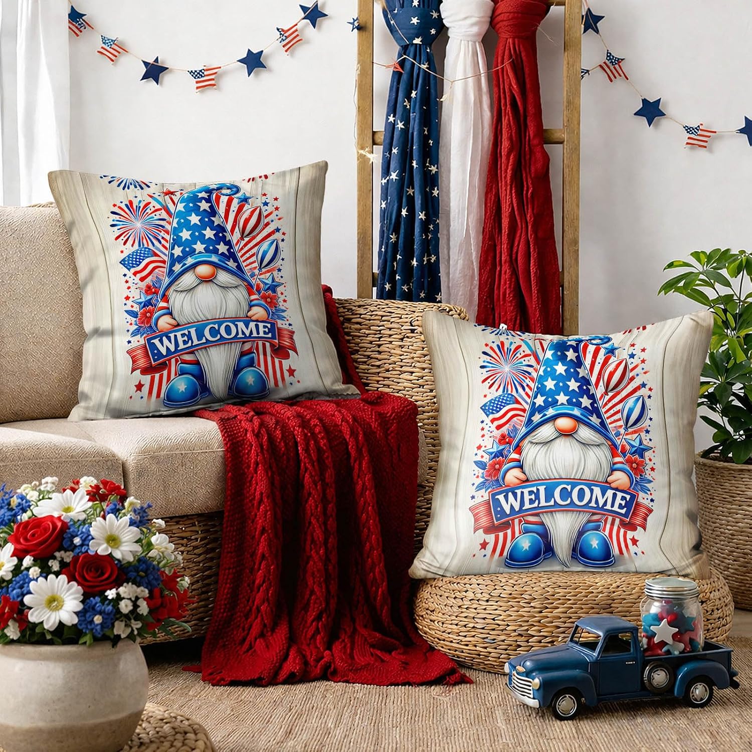BlissYard 4th of July Pillow Covers 18x18 Set of 2 Patriotic Gnome Pillow Covers American Flag Throw Pillow Covers Independence Day…