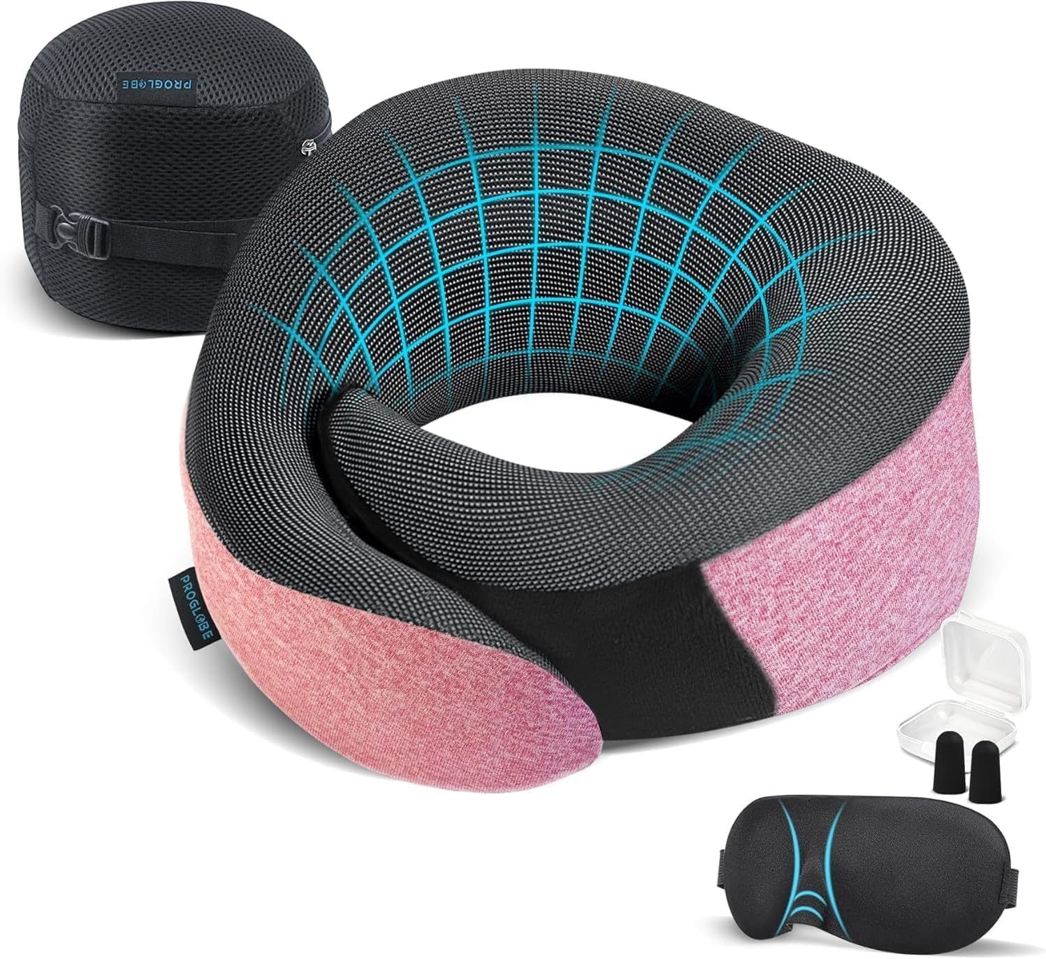 Proglobe Pink Airplane Travel Pillow Set, 100% Pure Memory Foam Neck Pillow, Updated Material, Long Flight Travel Kit with 3D Contoured…