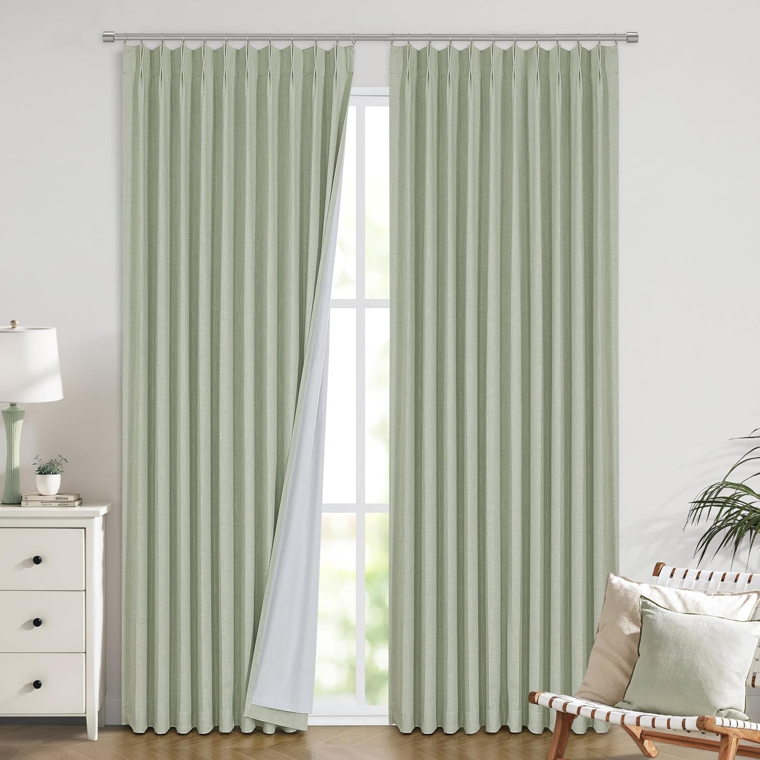 VisionHome Vision Home Soft Green Pinch Pleated Full Blackout Curtains Linen Blended Room Darkening Window Panels 95 inch for Living Room B…