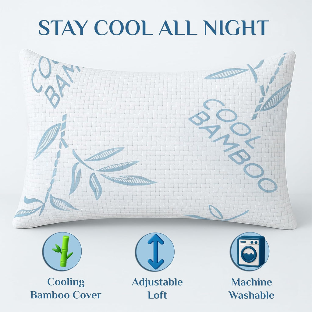 OMEO 2 Pack Bamboo Pillow Standard Size for Sleeping, Hypoallergenic Cooling Shredded Memory Foam Bed Pillows for Side, Back and Stomach…