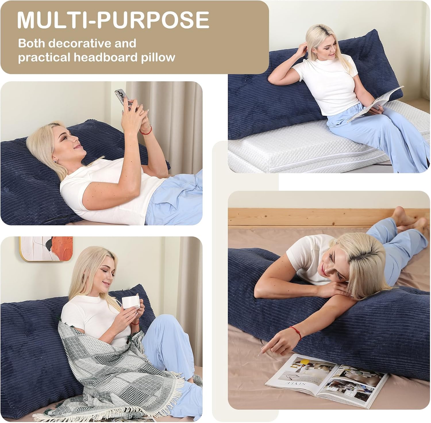 Headboard Pillow Queen, Wedge Headboard Pillow for Bed Sofa, Triangular Backrest Pillow with Removable Cover for Reading, Working…