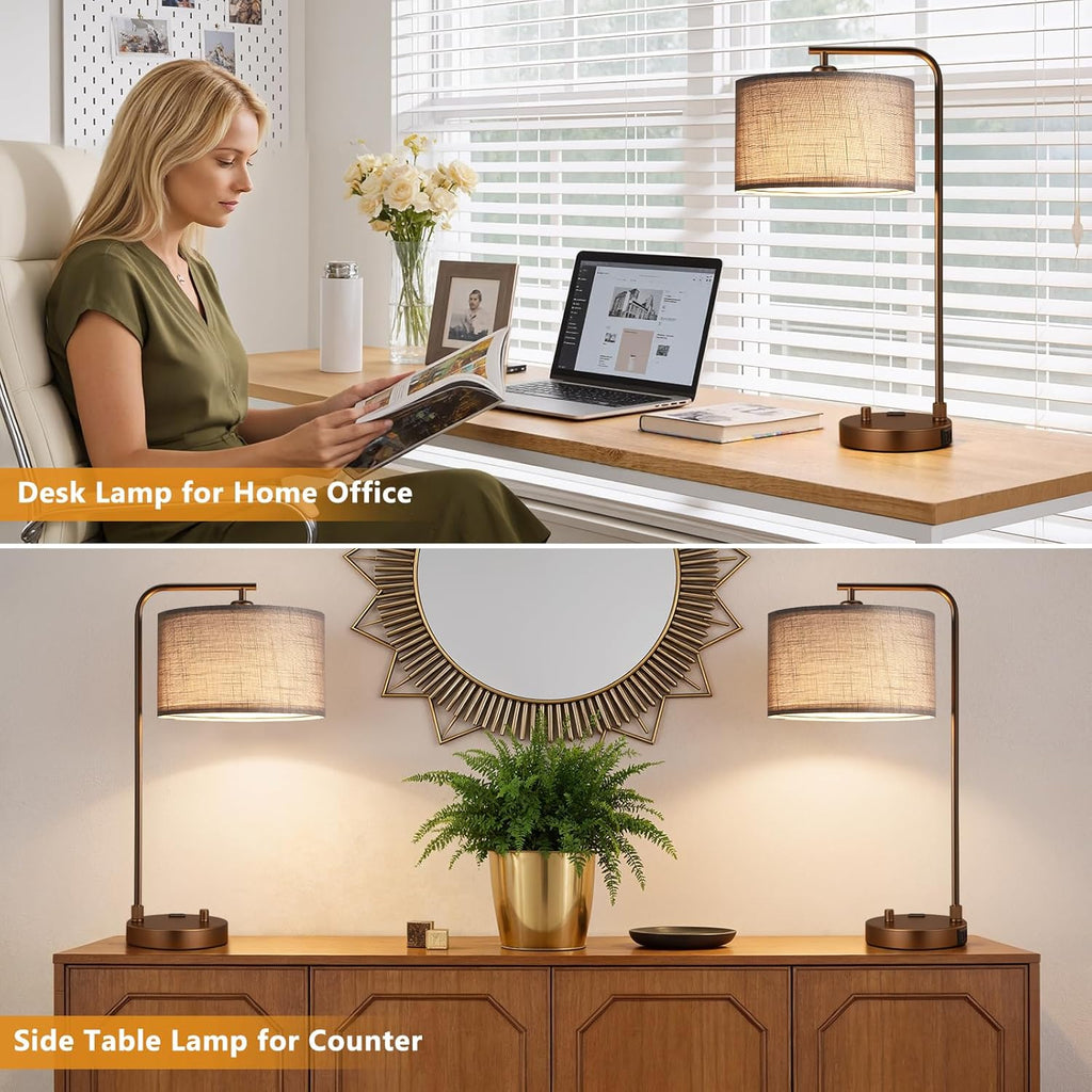 Innqoo Bedside Table Lamps for Bedroom Set of 2-Dimmable Nightstand Lamps with USB Port and Outlet, Modern Brown Lamps with Linen…