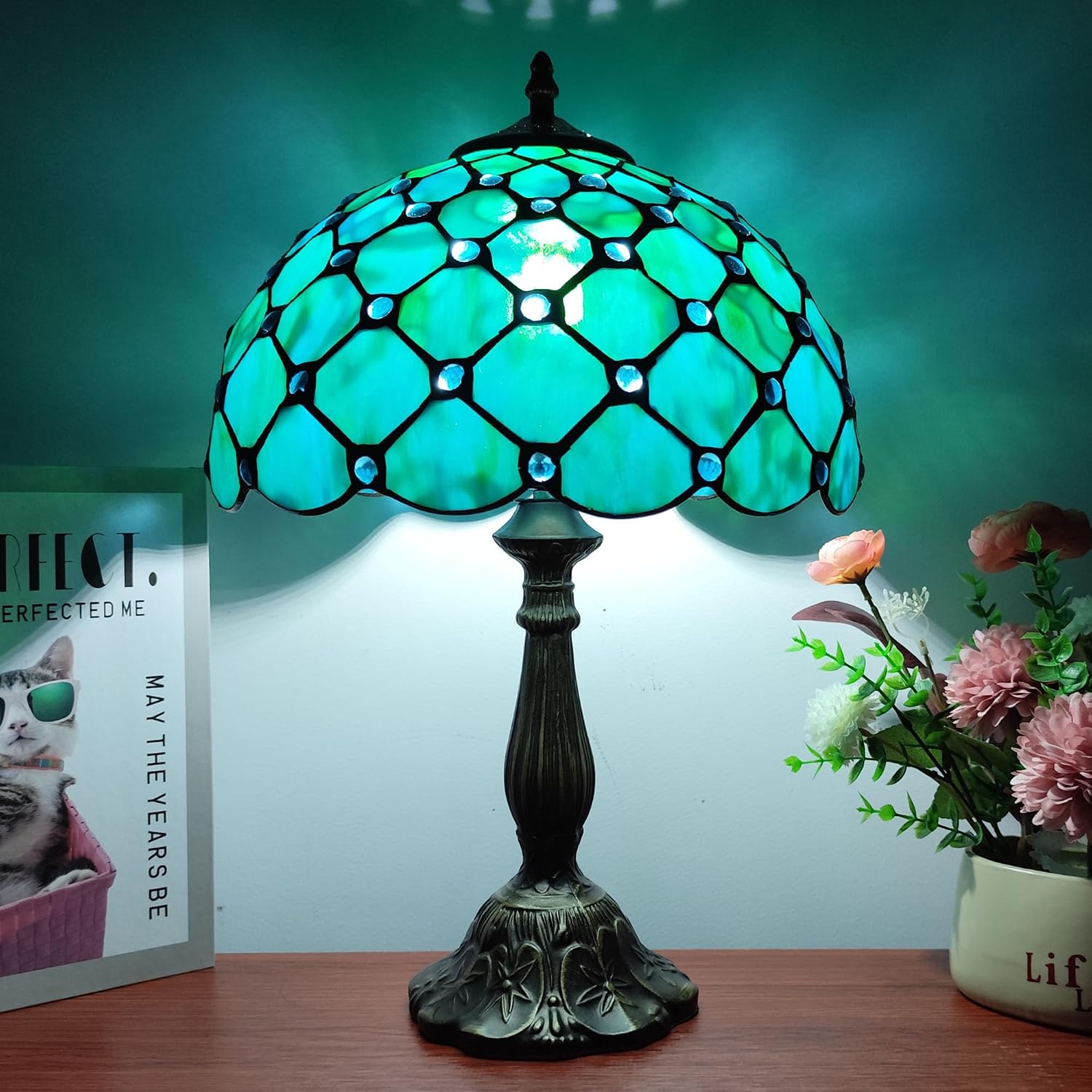 Tiffany Lamp Stained Glass Table Lamp Antique Bedside Desk Reading Light 3-Way Color LED Living Room Nightstand Light 12X12X19 Inches…