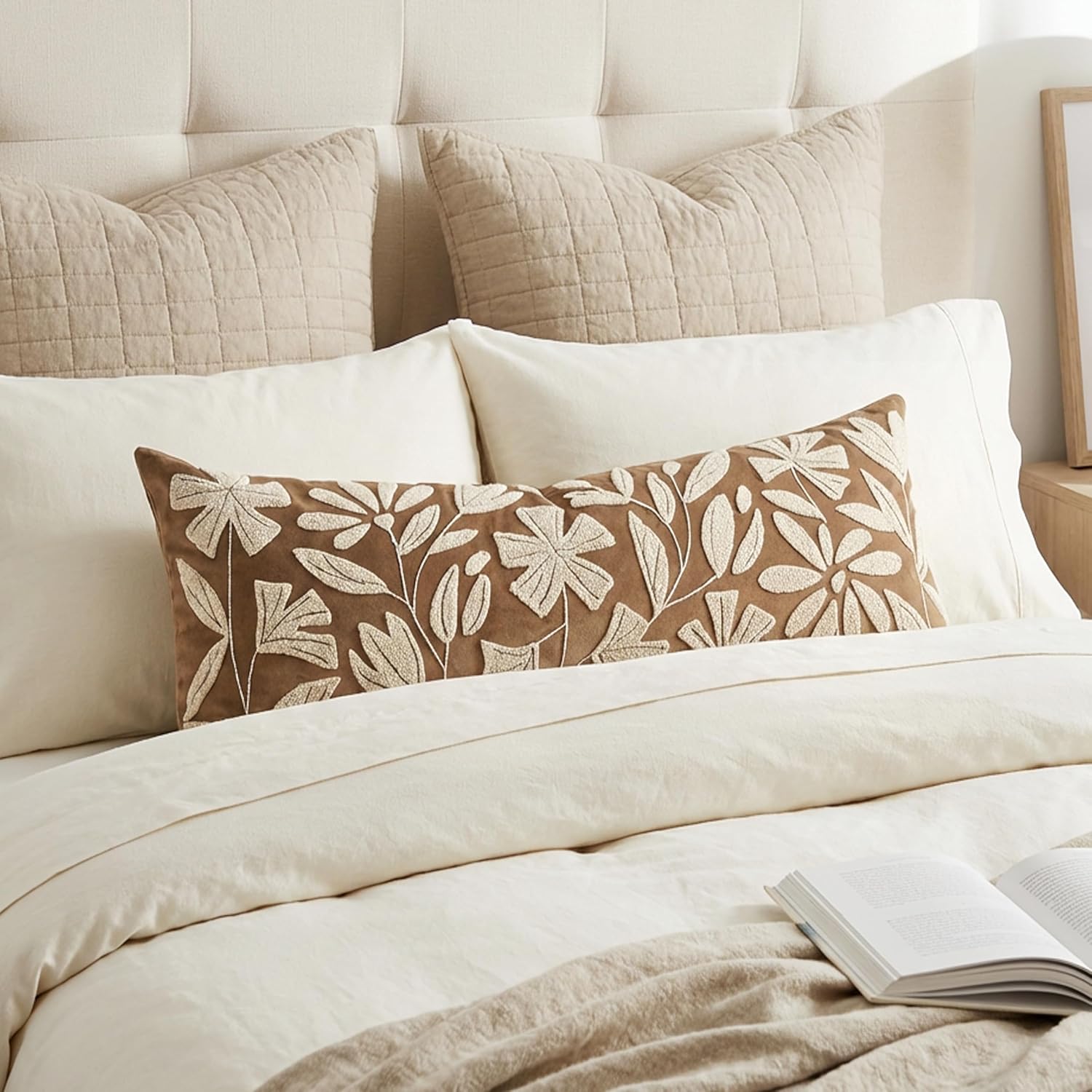 BlissBlush 14x36 Lumbar Pillow Cover for Bed, Brown Rectangular Long Throw Pillowcase, Embroidered Velvet Floral Tufted Farmhouse Accent…